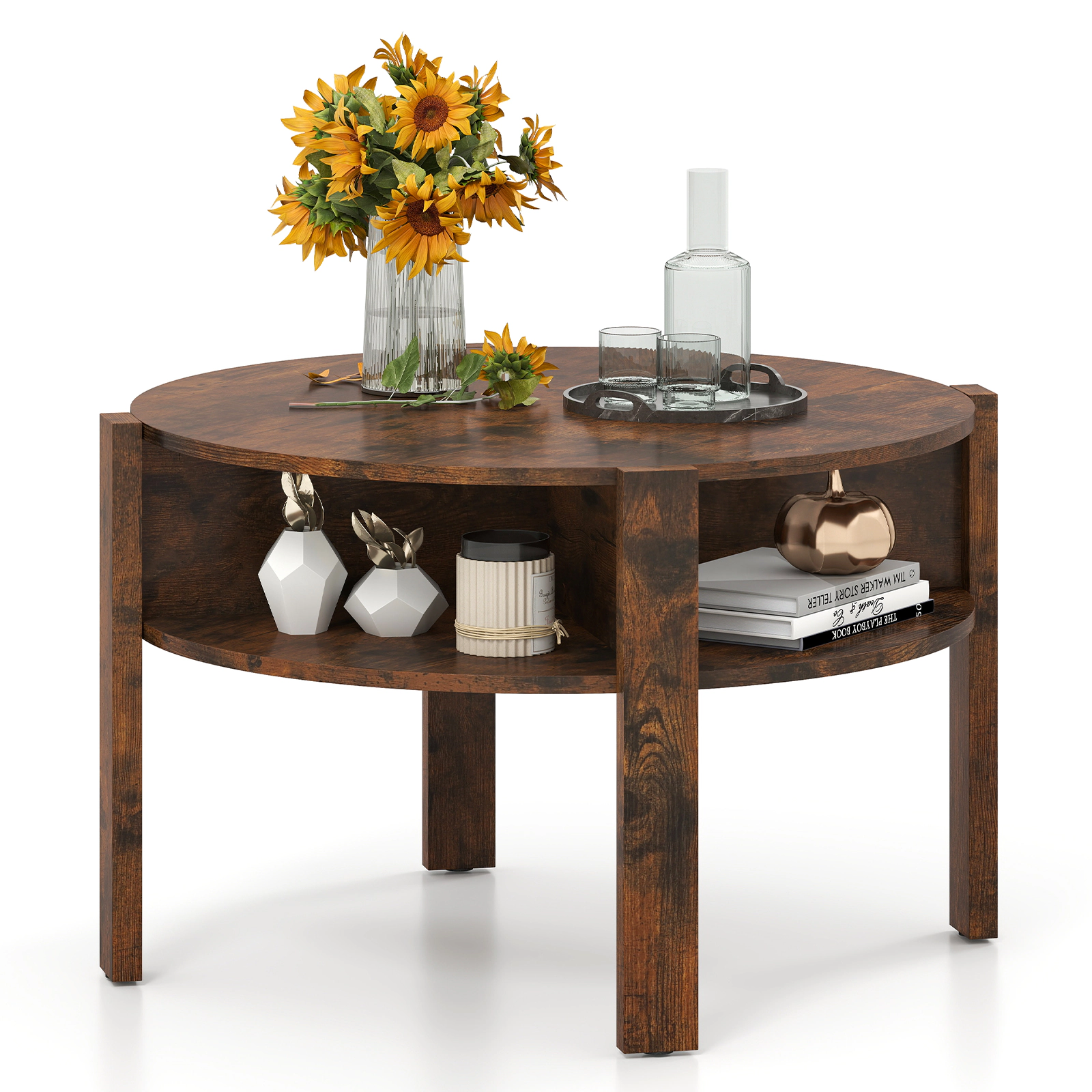 Glintex 29.5-Inch Round Coffee Table with Side Storage Shelves and Wood Legs