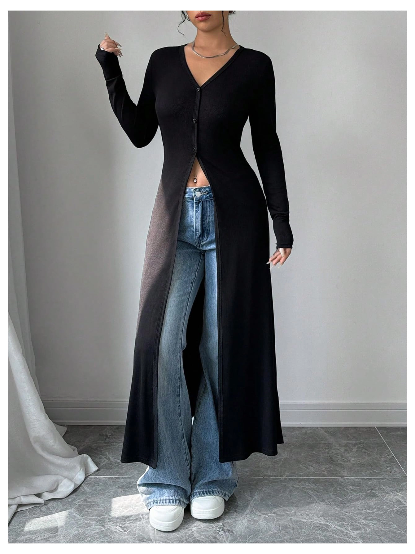 KOJOOIN Women Maxi Duster Cardigan V‑Neck Ribbed Knit Button Front Fitted Long Streetwear Outerwear