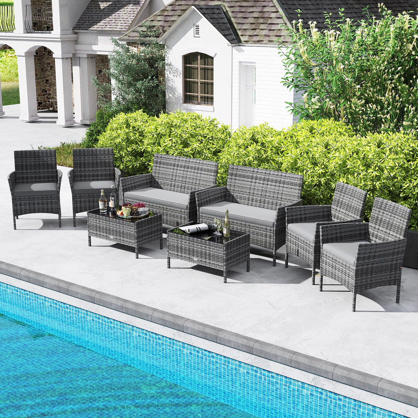 SUGIFT 4-Piece Patio PE Rattan Conversation Set with Tempered Glass Coffee Table 800-lb Loveseat Capacity Mix Gray