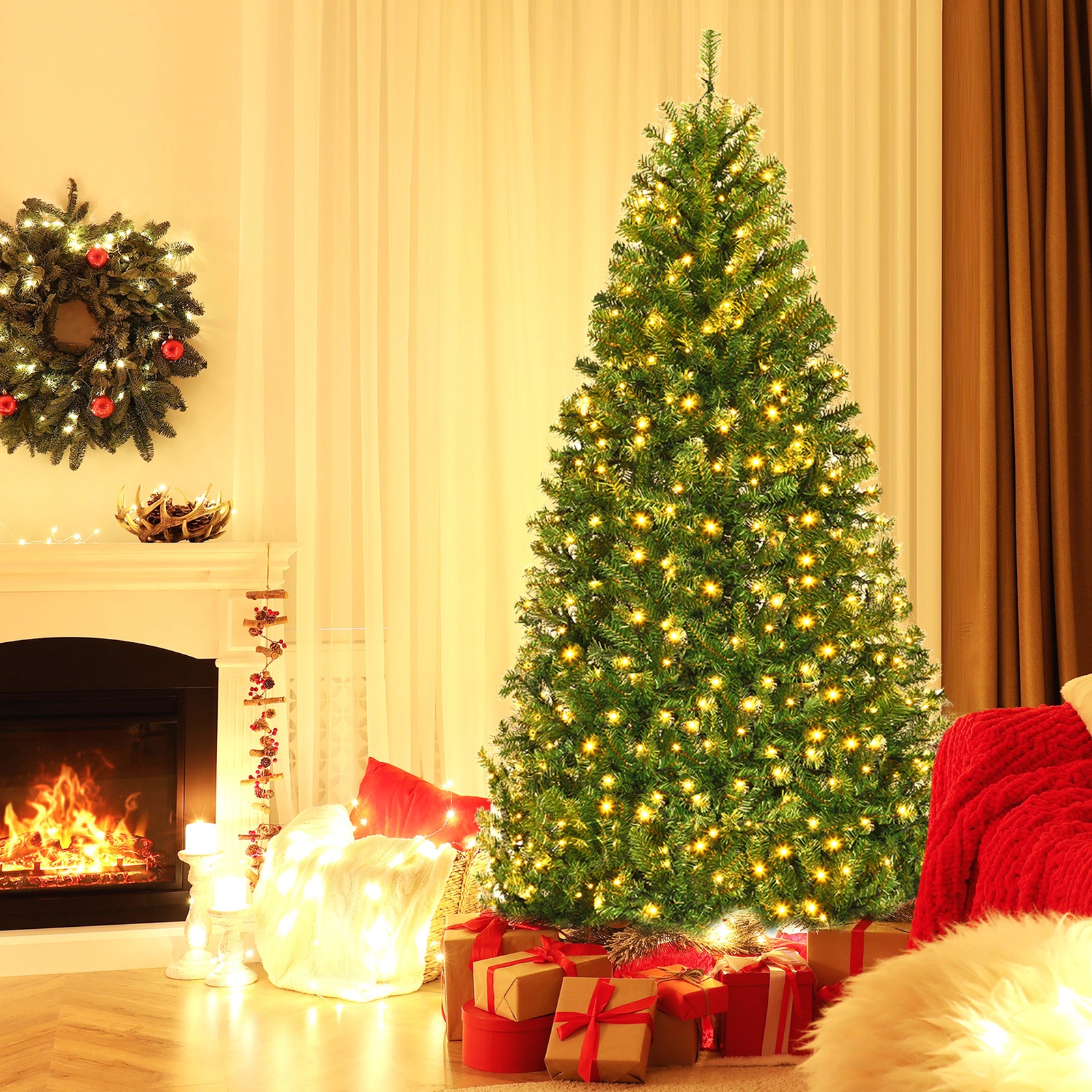 SUGIFT Dense PVC Hinged Artificial Christmas Tree 6-ft Tall with 1000 Tips 350 LED Lights and Metal Stand Green