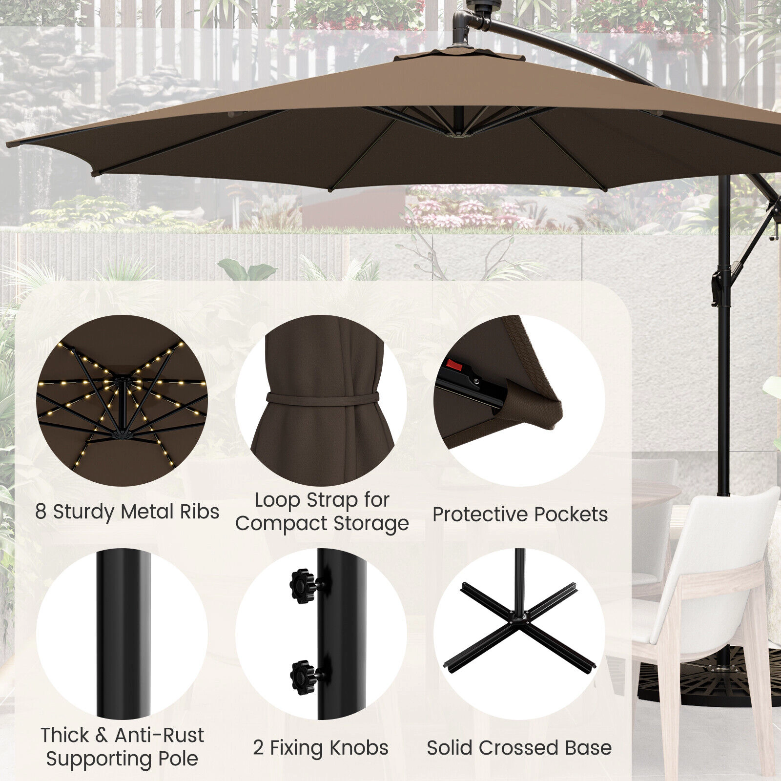 SUGIFT 112 Solar LED Lights and Crank Lift 10 FT Offset Cantilever Patio Umbrella