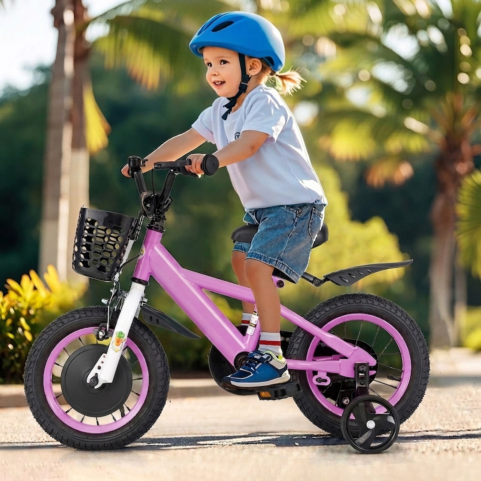 12-in Kids Bike Front Basket Fenders Removable Training Wheels and Adjustable Handlebar and Saddle Ages 3-4 Purple