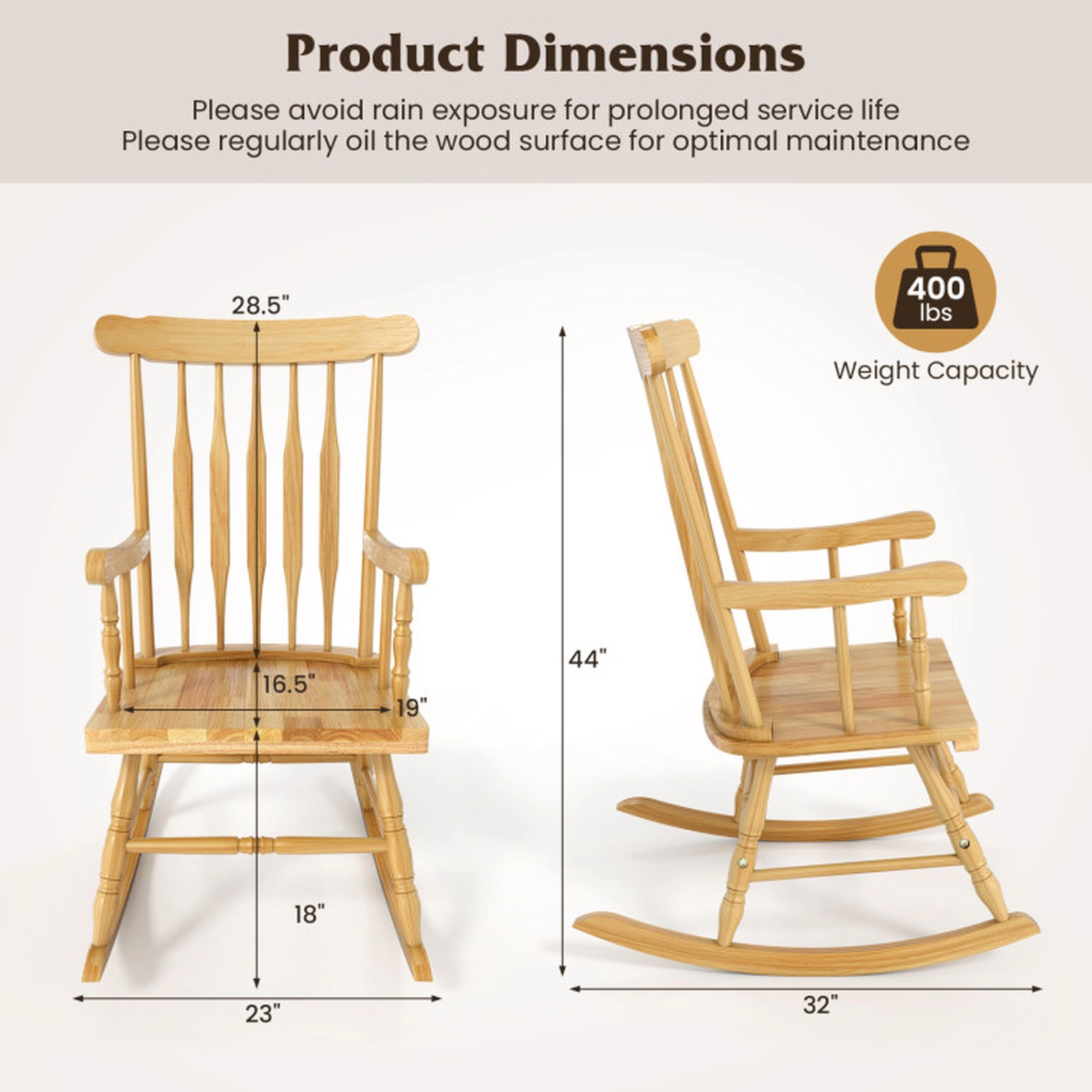 SUGIFT Contoured Slatted Back Rocking Chair 300-lb Capacity Natural