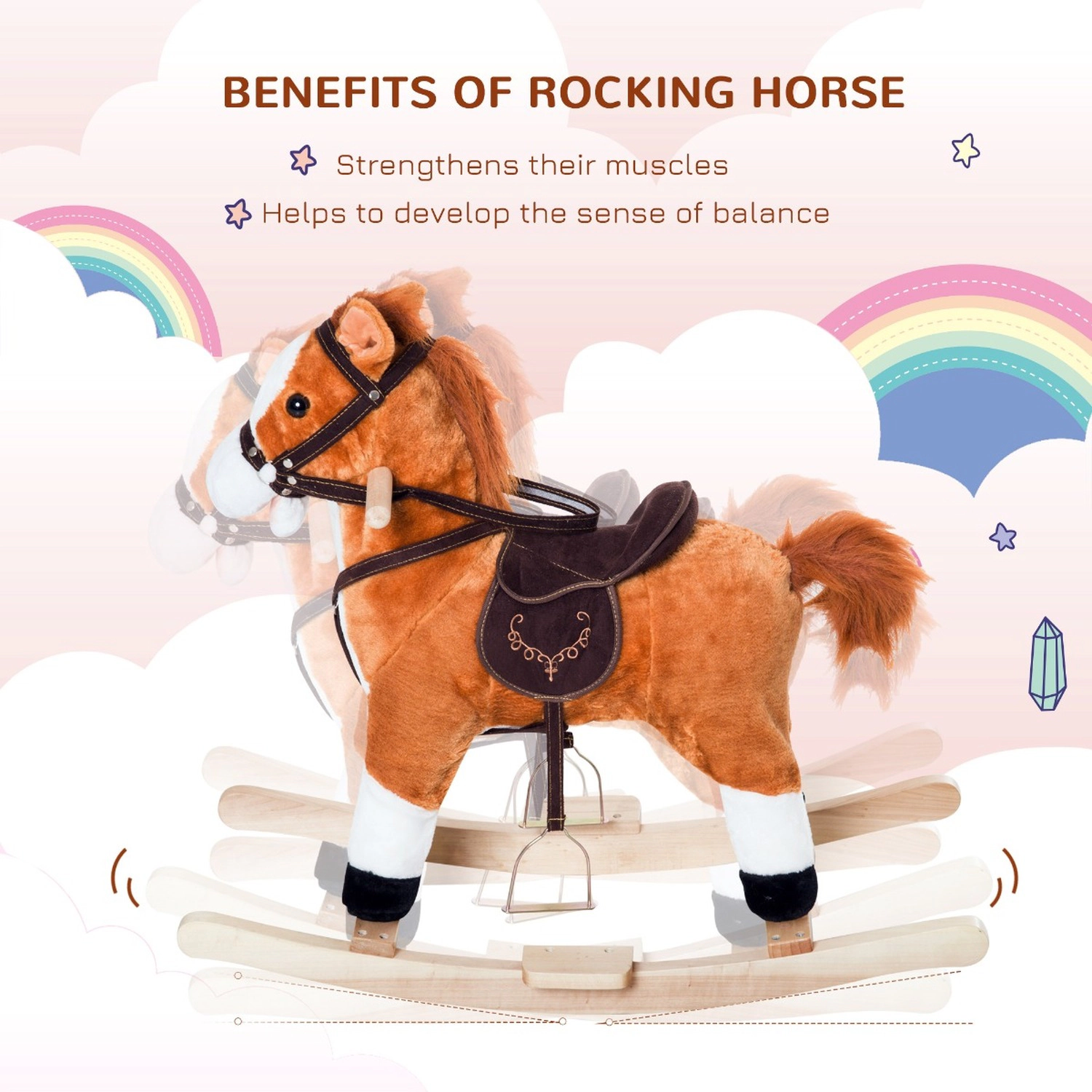 HONGGE Plush Rocking Horse with Saddle and Footrest, Realistic Galloping Sound, Supports 88 lbs for Kids Ages 3+, Brown