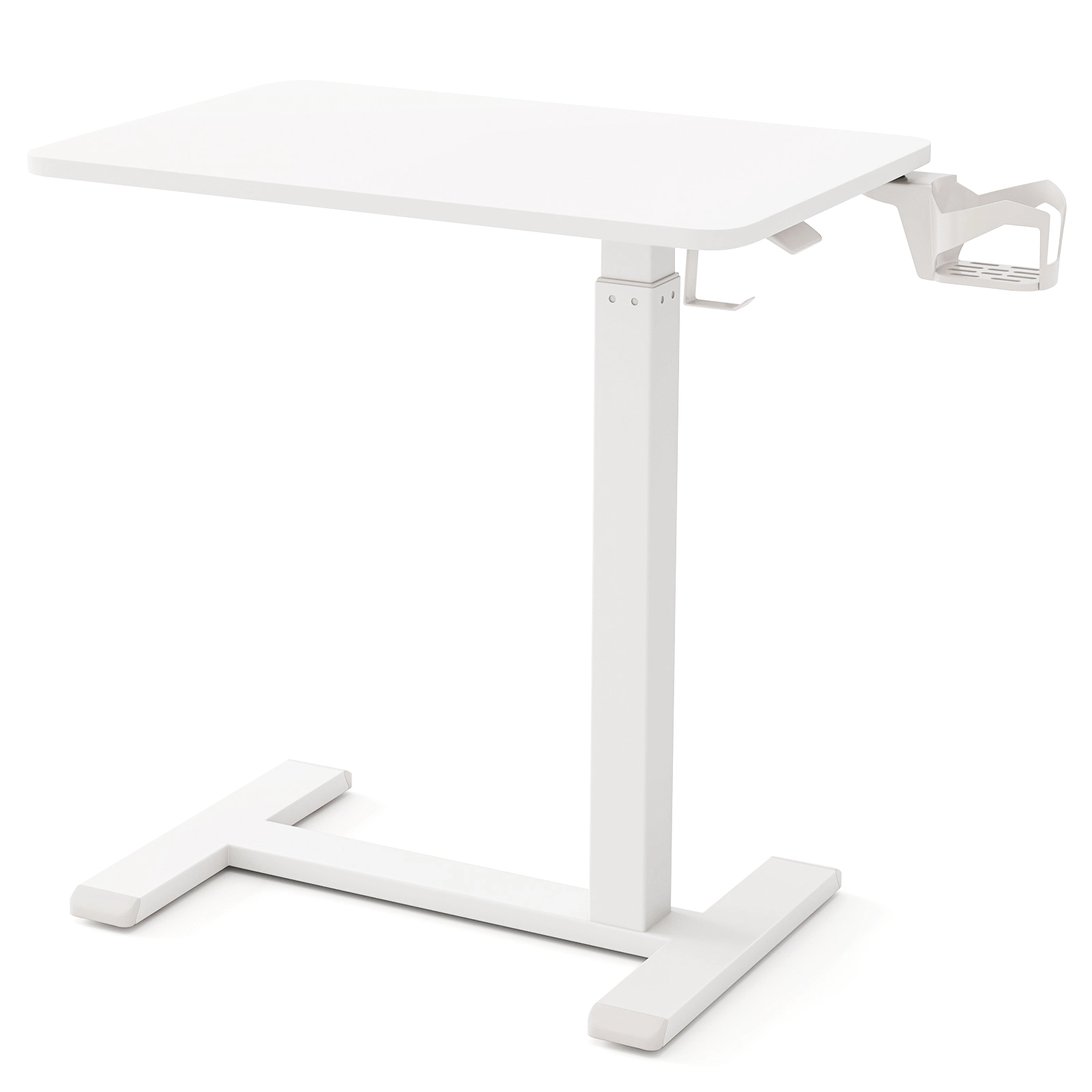SUGIFT Height Adjustable Mobile Standing Desk Overbed Bedside Table 90-lb Capacity with Cup Holder White