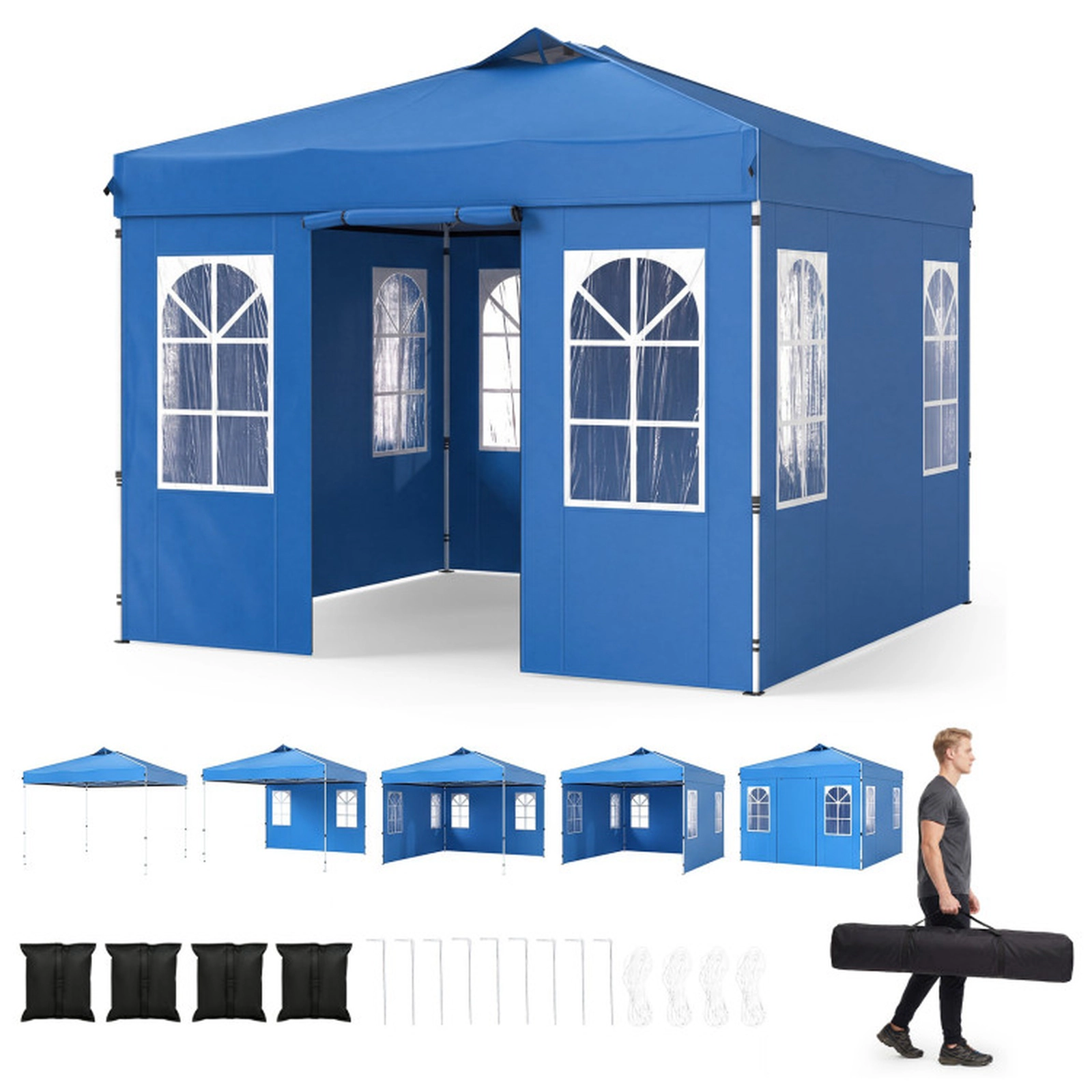 SUGIFT Blue Adjustable Pop Up Canopy Tent with 4 Removable Sidewalls and Carry Bag 10-ft W 10-ft D 8.5-ft H