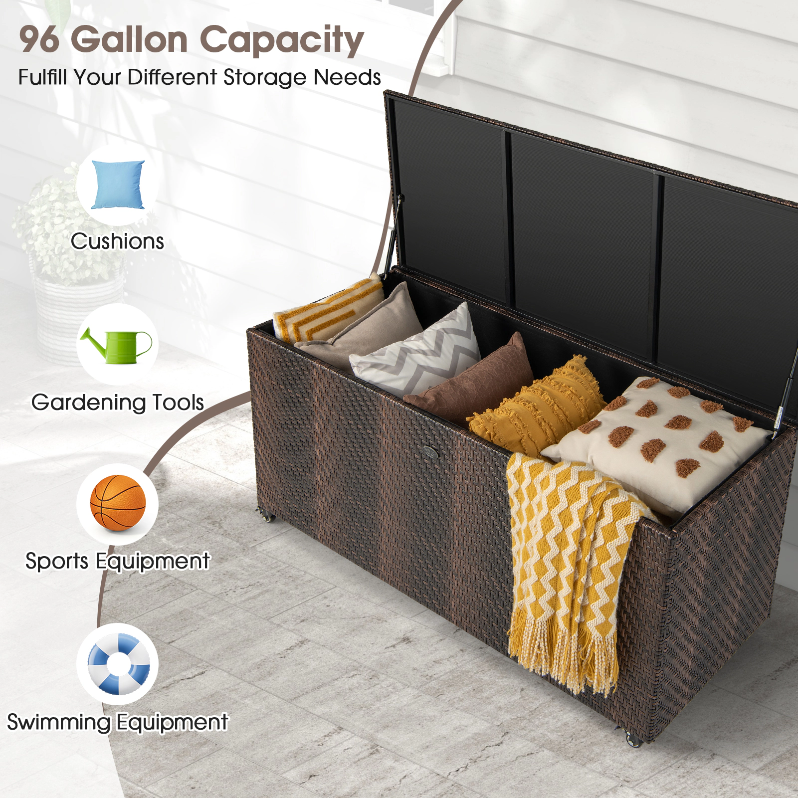 SUGIFT 96 Gallon PE Wicker Outdoor Storage Box with Waterproof Liner and Gas Strut 52-in Frame with 4 Wheels Mix Brown