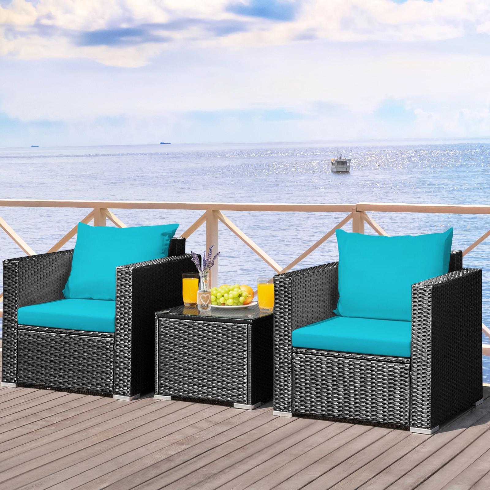 SUGIFT 3-Piece Patio Wicker Conversation Set with Cushions 400-Lb Chair Capacity Turquoise Black Rattan