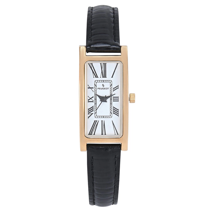 Peugeot Women's 35x18mm 14K Gold-Plated Rectangular Roman Numeral Watch with Leather Strap