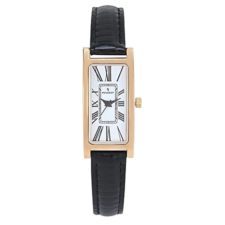 peugeot women's 14k gold plated tank leather dress watch Vintage Gold-Plated Rectangular Small Face with Strap, Color: Black gold sparkle mini dress