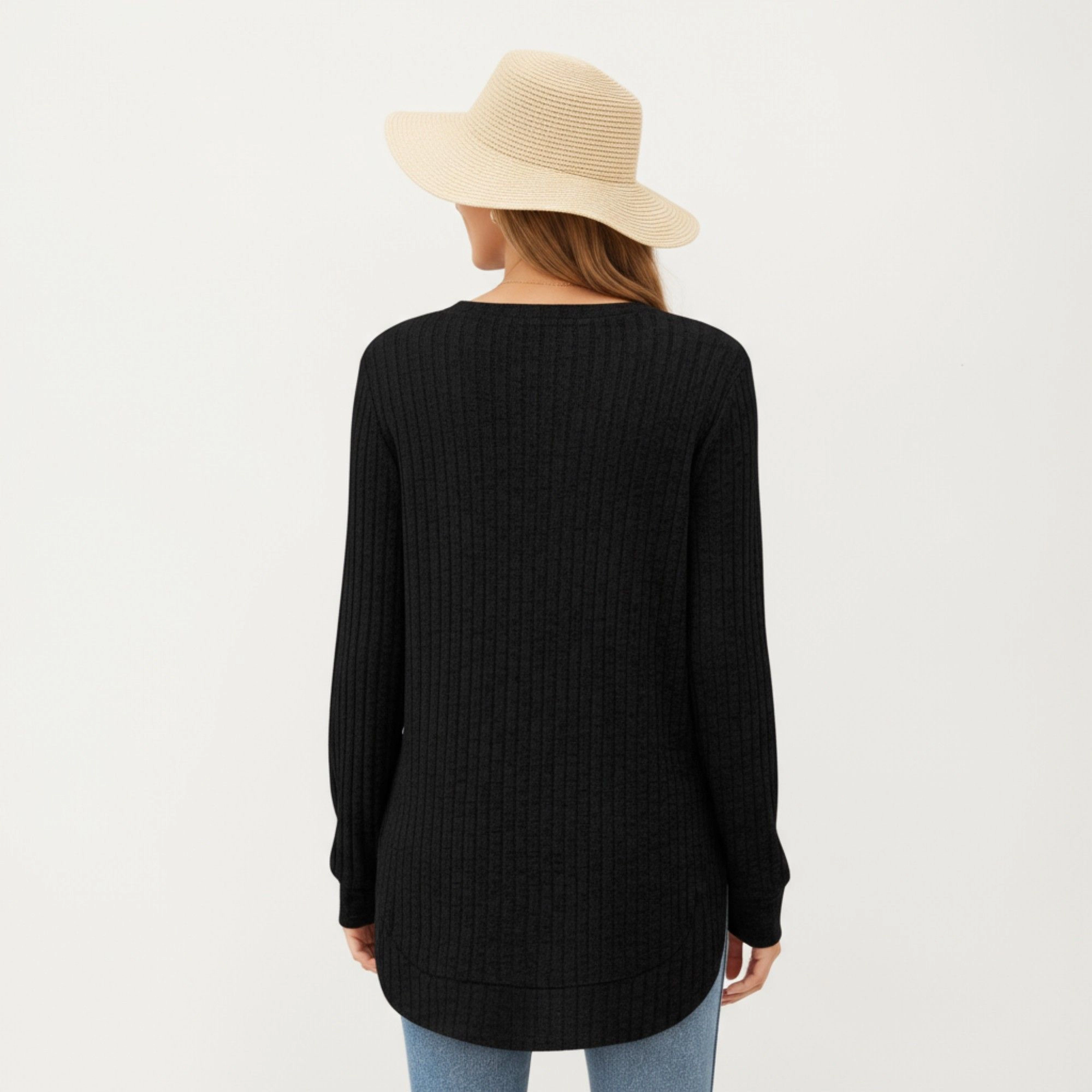 Anna-Kaci Women's Ribbed Rounded Hem Relaxed Fit Long Sleeve Knit Top