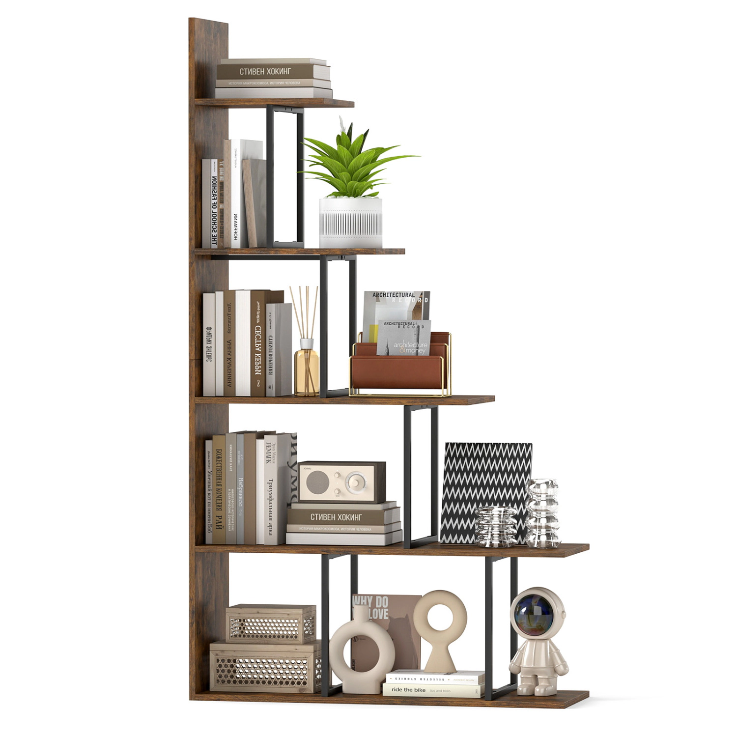 LJG 5-Tier 62 Inch Tall Stepped Bookshelf with Heavy Duty Metal Frame