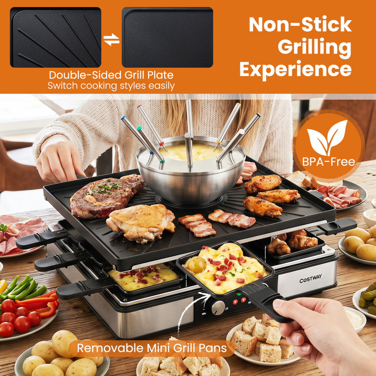 LJG BBQ Grill with Fondue Pot Set and Adjustable Thermostats for 8 People