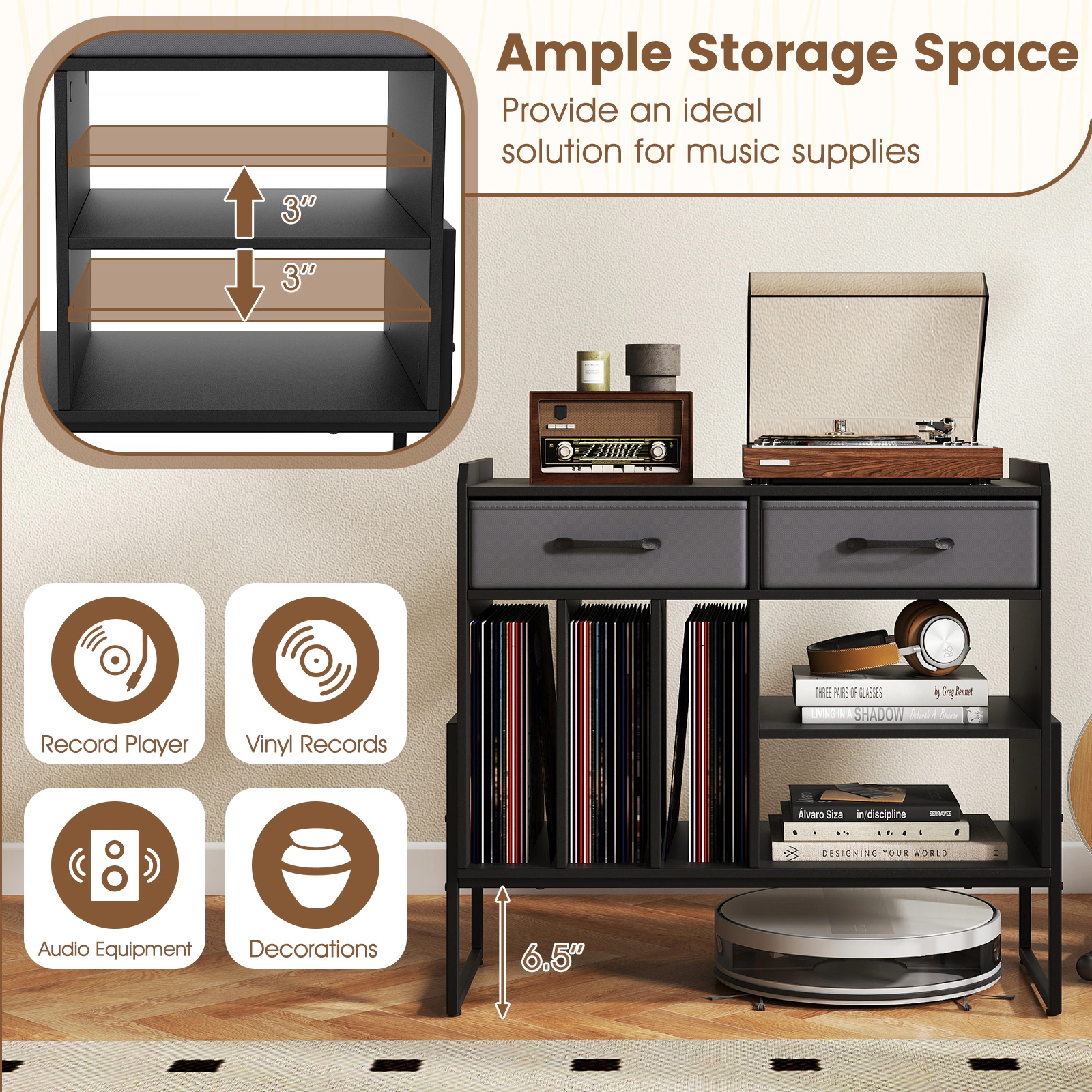 Glintex Large Record Player Stand with 2 Fabric Drawers and 209-Lb Capacity