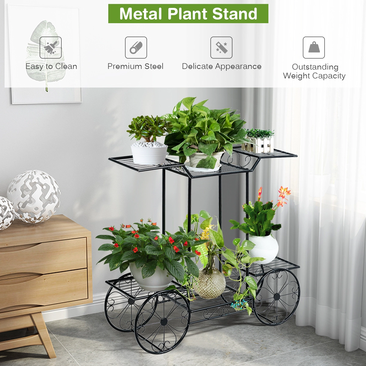Slickblue Metal 6 Tier Plant Stand Cart Design Flower Shelf Organizer for Indoor Outdoor Use