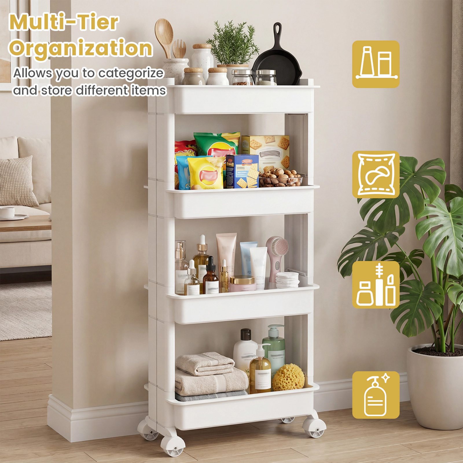 SUGIFT 4-Tier Rolling Utility Cart White with Detachable Trays and Smooth Wheels