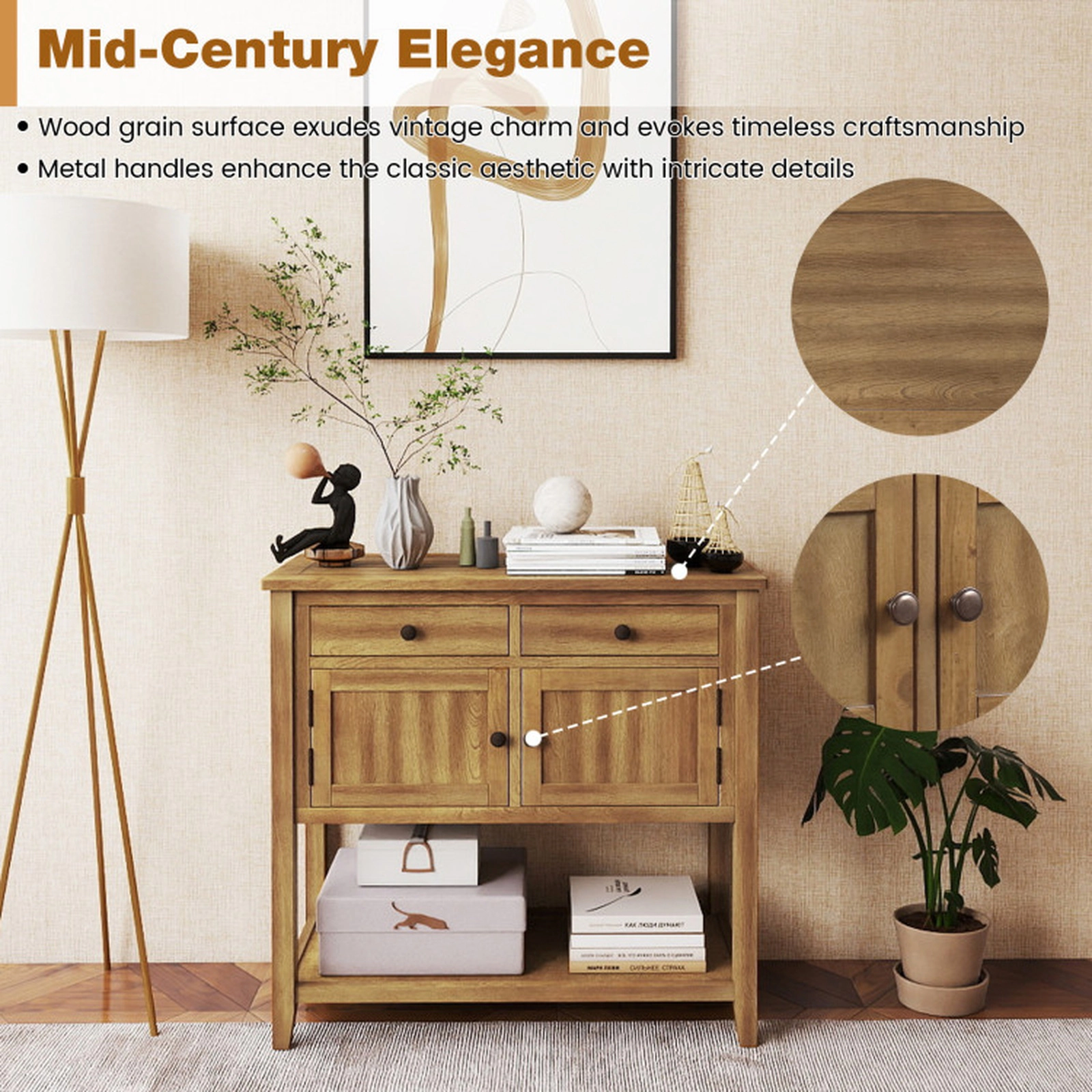 SUGIFT 36-in Walnut Mid-Century Coffee Bar Buffet Sideboard Console Table with 2 Drawers and 2 Cabinets