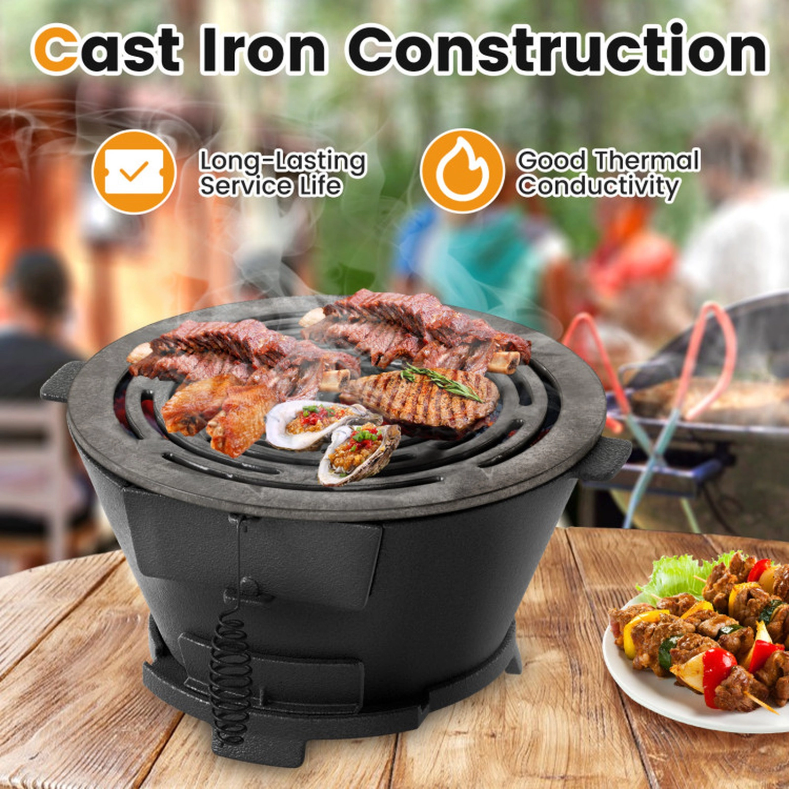 SUGIFT Round Hibachi Charcoal Grill with 12-in Double-Sided Grate Outdoor Portable Stove Black