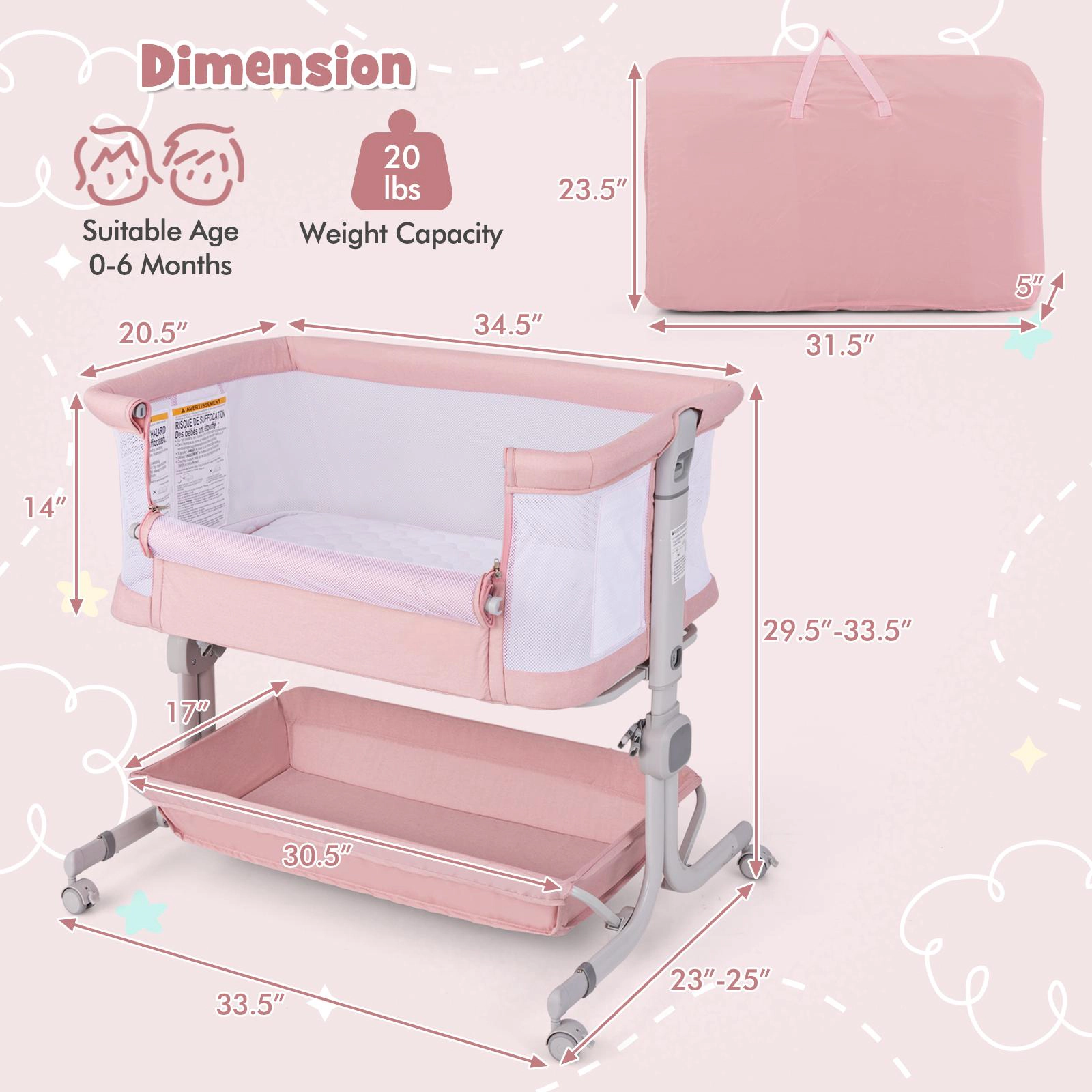 SUGIFT 3-in-1 Baby Bassinet Bedside Sleeper with 6-Level Adjustable Height 20-lb Capacity Ages 0-6 Months Pink