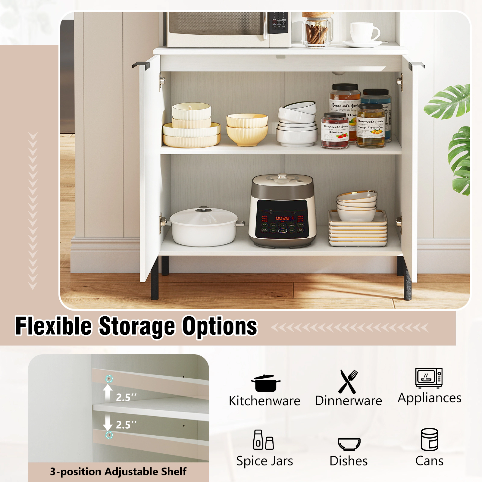 SUGIFT Kitchen Pantry Cabinet with Charging Station 90-lb Countertop Capacity with Wine Glass Rack 64.5-in Tall White