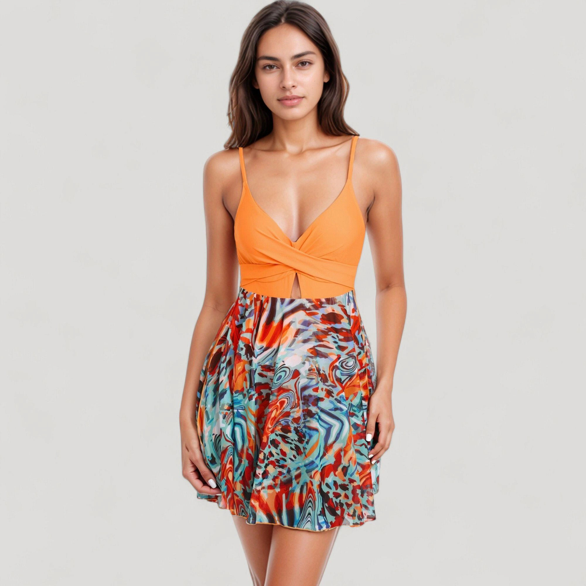 Anna-Kaci Women One-Piece Swim Dress - Twist Front Bodice, Sheer Mesh Skirt Overlay