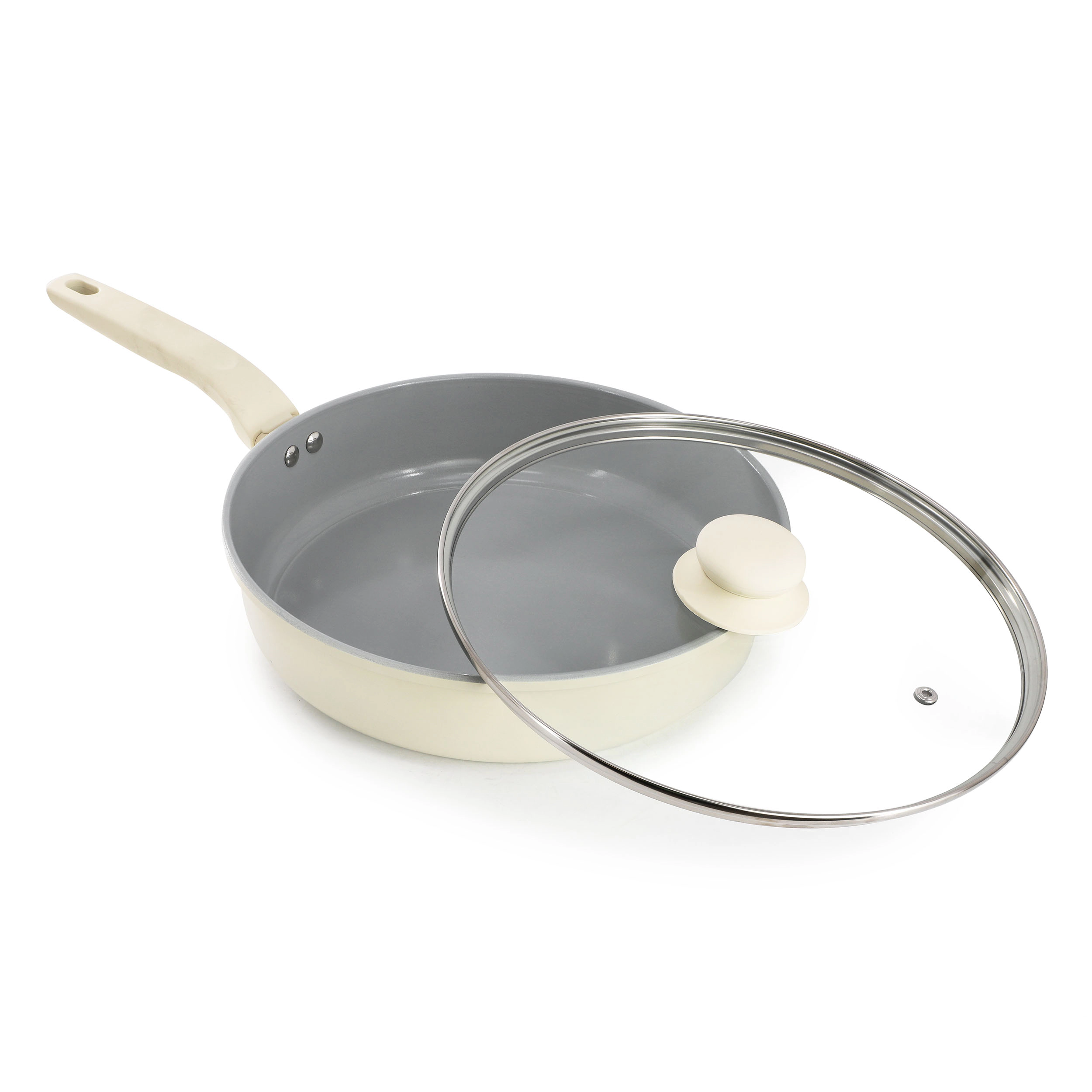 Gibson Home Barnsdall 11 Inch 4 Quart Ceramic Nonstick Alimunium Saute Pan with Lid in Cream