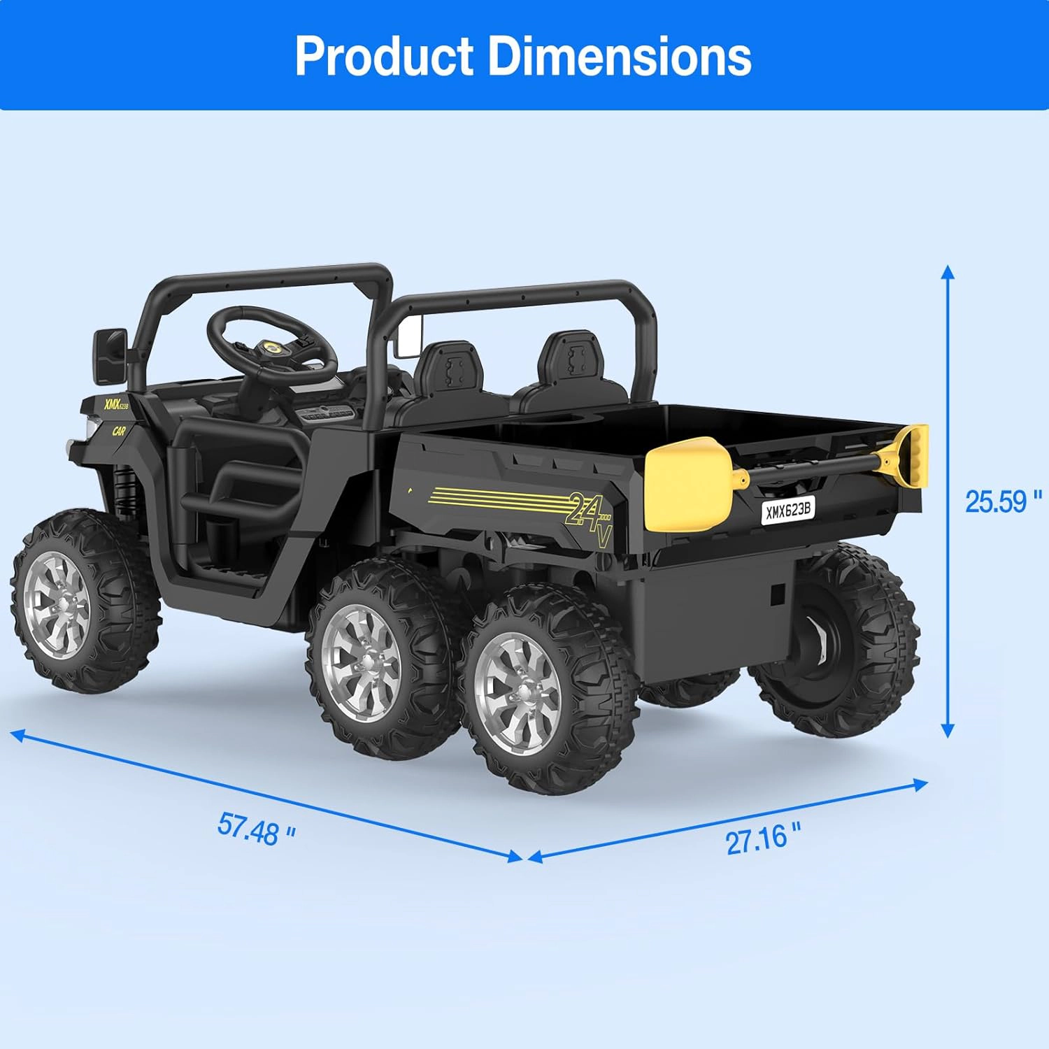 24V 4WD 6-Wheel 2-Seater Kids Ride-On Dump Truck, Remote Control, 4×75W Motors, LED Lights, Music, Functional Bed
