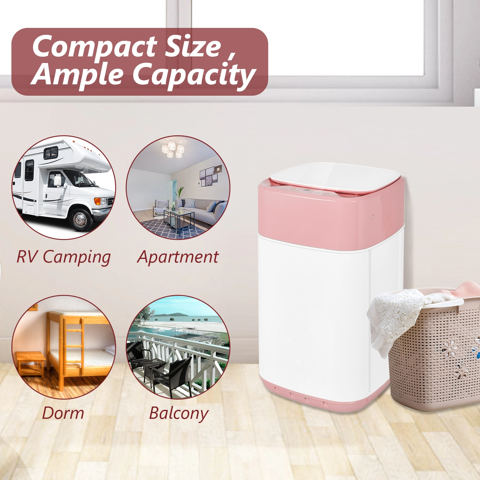 SUGIFT 8-lb Portable Fully Automatic Washing Machine with Drain Pump 1.0 cu.ft Tub 800RPM Compact 19.5-in Wide Pink