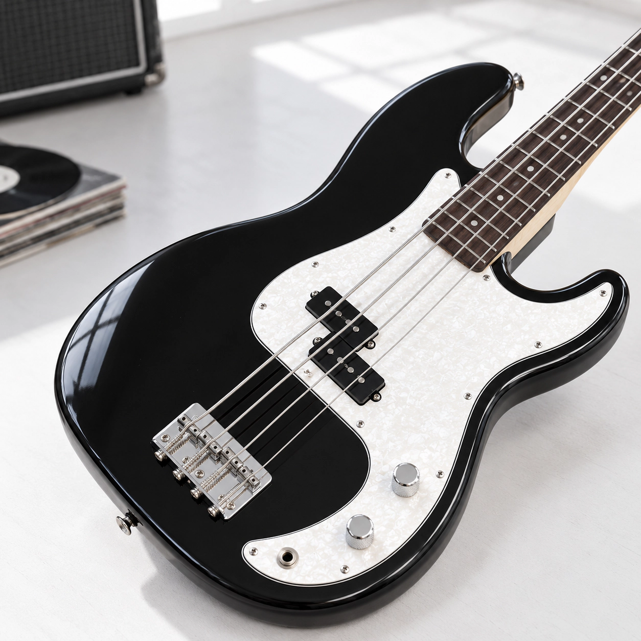 SUGIFT Black 4-String Full Size Electric Bass Guitar with Solid Paulownia Body and Maple Headstock 7.7-lb Weight