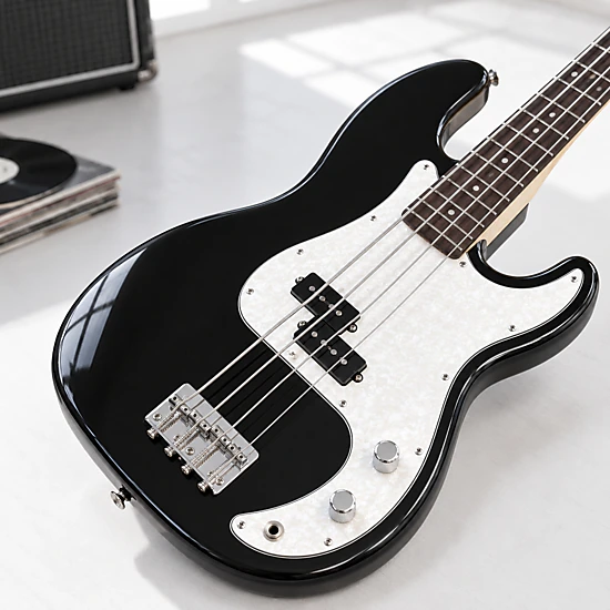 SUGIFT Black 4-String Full Size Electric Bass Guitar with Solid Paulownia Body and Maple Headstock 7.7-lb Weight