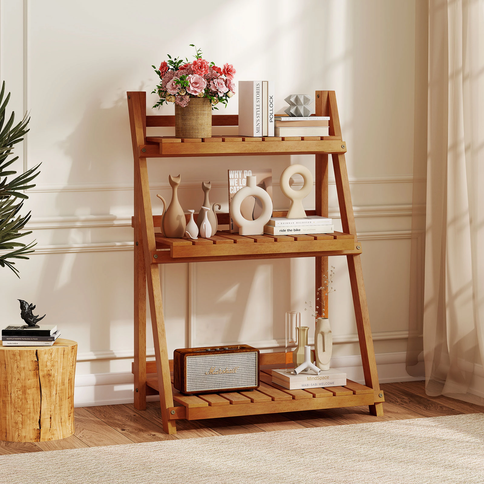 Slickblue Wooden 3 Tier Plant Shelf Foldable Ladder Rack for Indoor Balcony Garden Plants