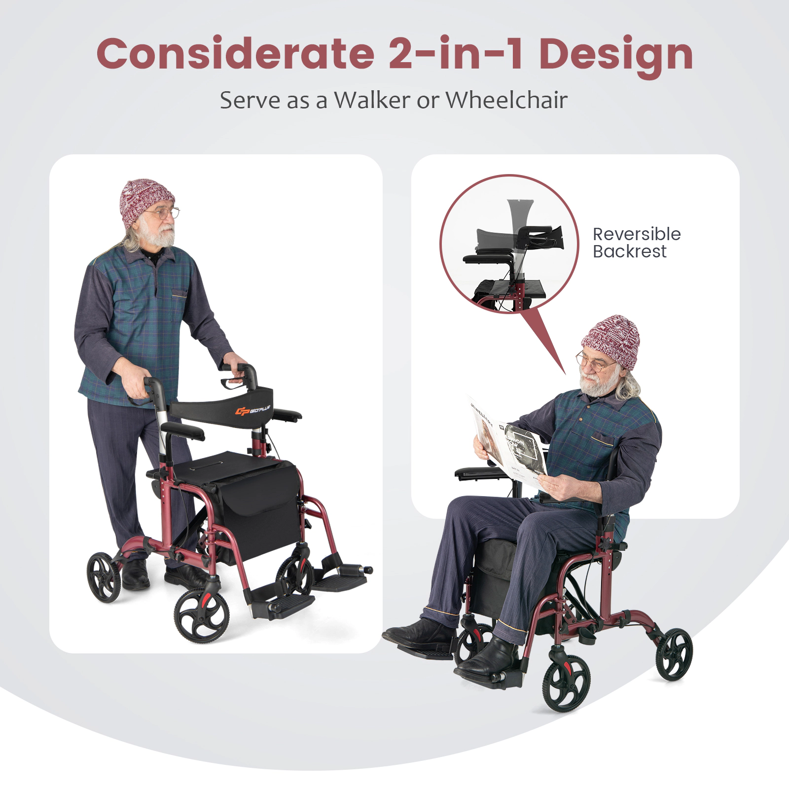 SUGIFT 300-lb Capacity 2-in-1 Folding Rollator Walker with Seat Dual Hand Brakes and Folding Footrests