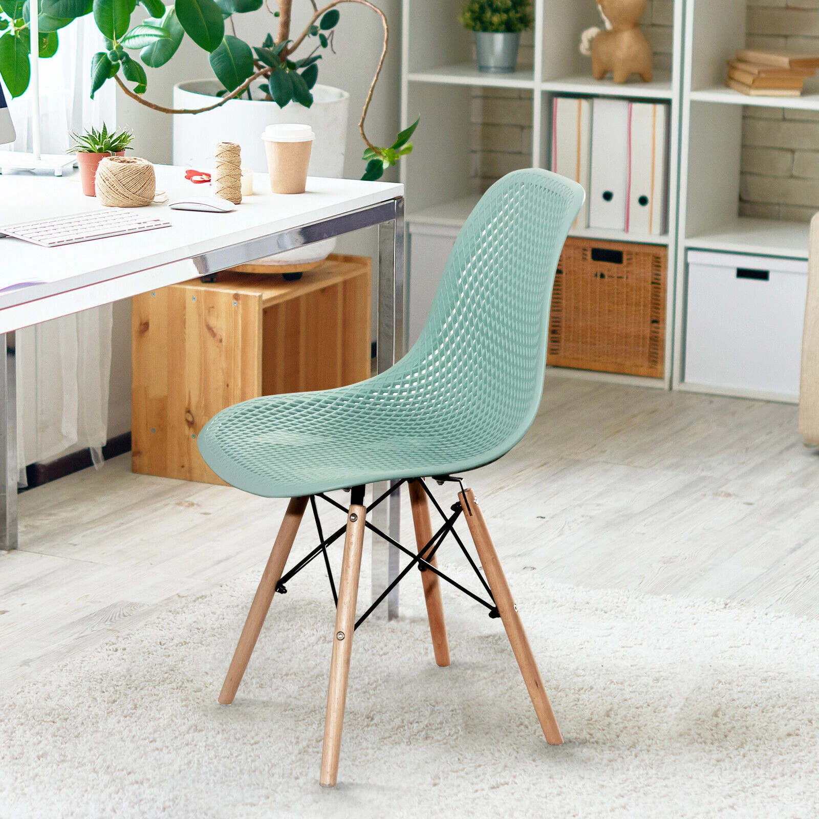 SUGIFT Modern Mesh Plastic Dining Side Chair Set with Beech Wood Legs 331-lb Capacity Green 4-Piece