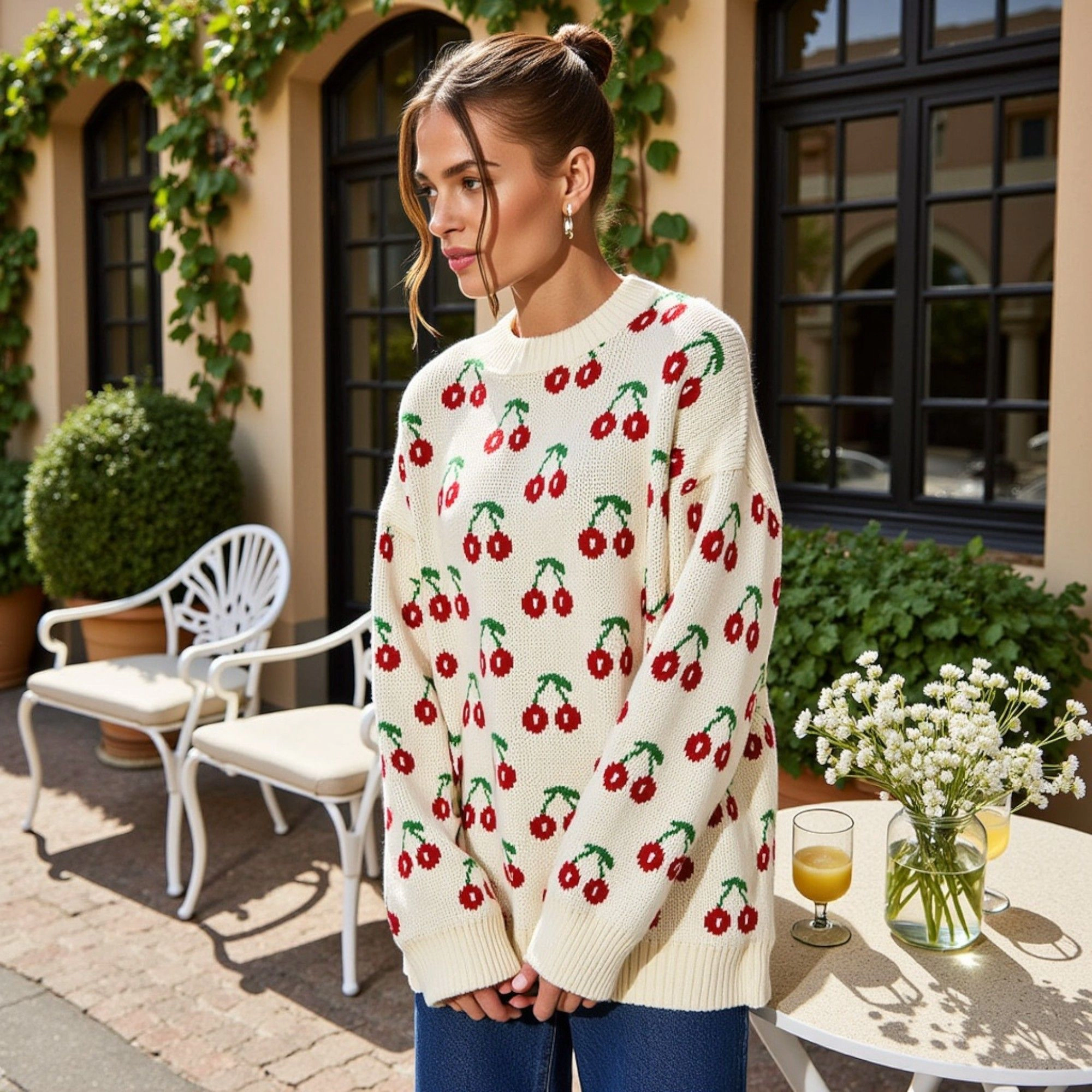 Anna-Kaci Women's Cherry Pattern Crew Neck Long Sleeve Pullover Knit Sweater