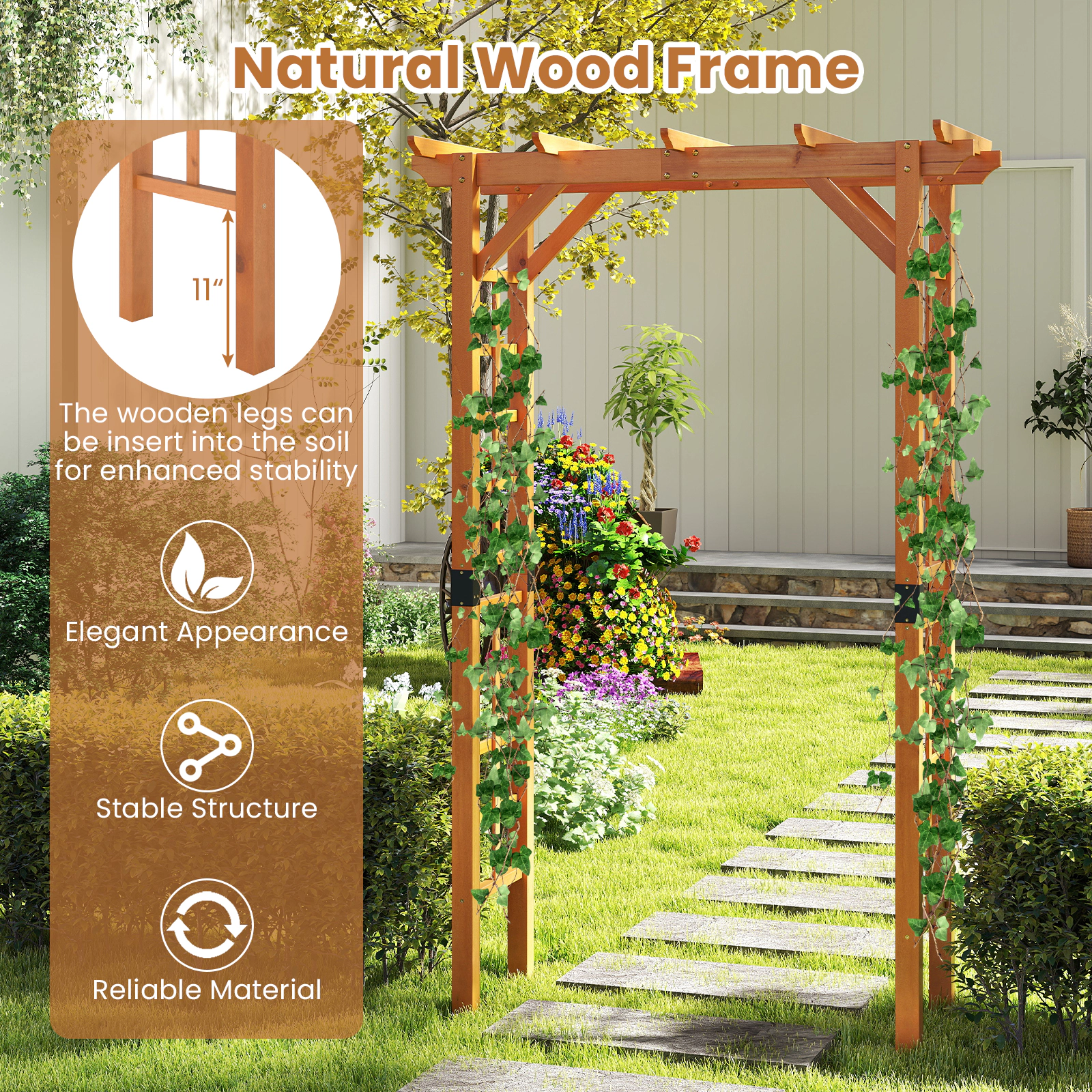 SUGIFT 7-ft Orange Fir Wood Garden Arch Arbor with Grid Trellises Metal Connectors and Thick Legs