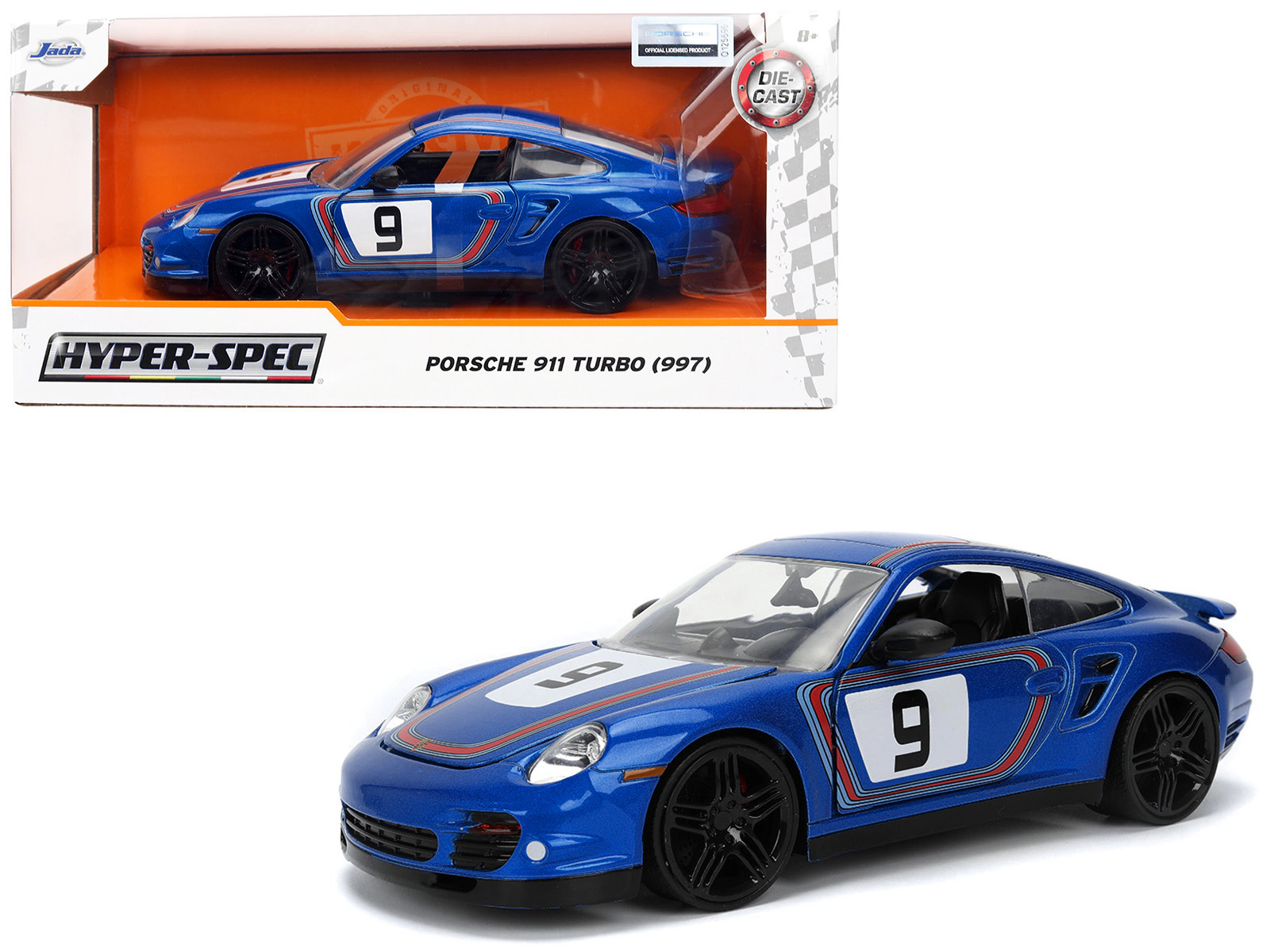 Jada Porsche 911 Turbo (997) #9 Blue Metallic with Stripes "Hyper-Spec" Series 1/24 Diecast Model Car by Jada
