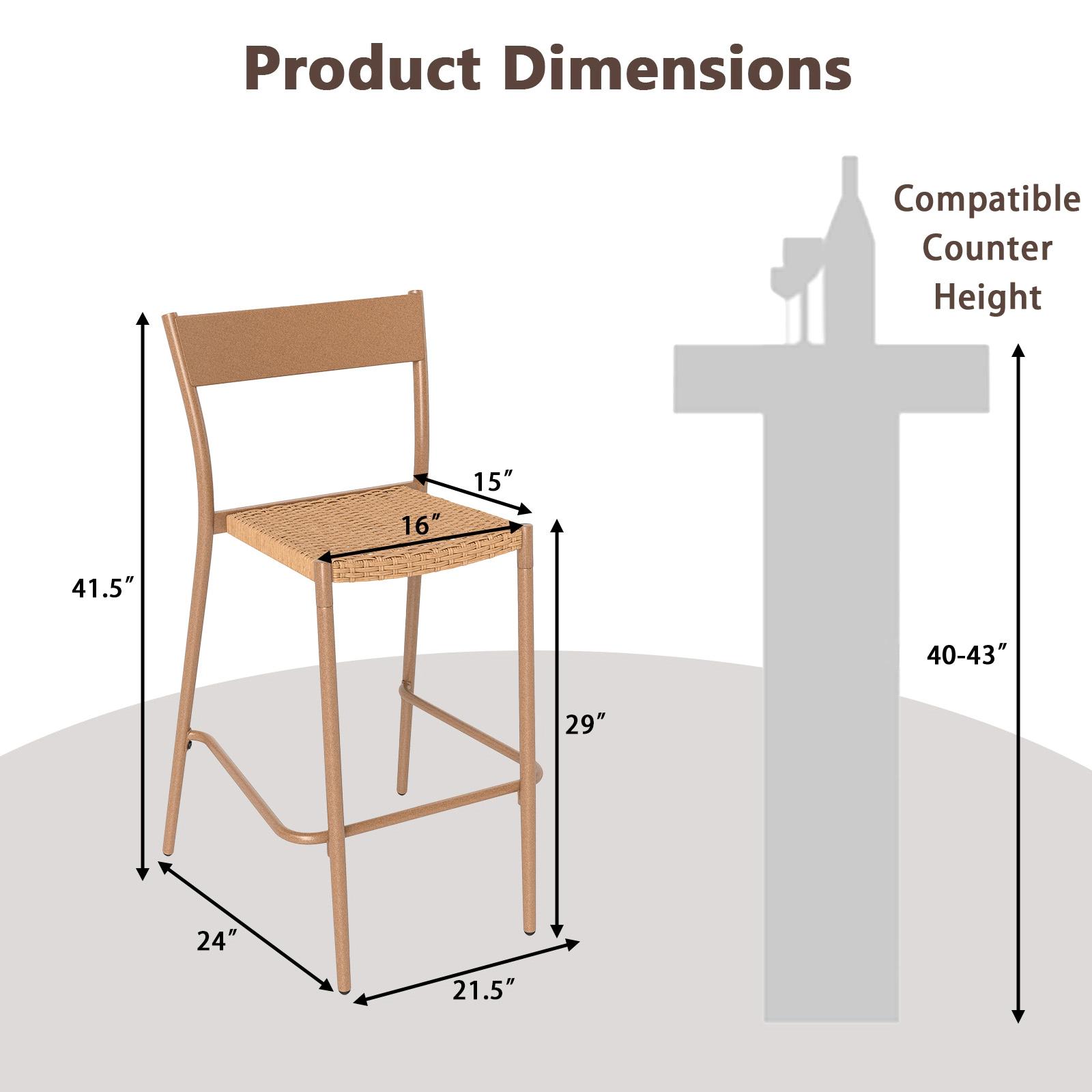 SUGIFT Woven Rattan Seat and Metal Backrest 360-lb Set of 2 Light Brown Patio Bar Stools