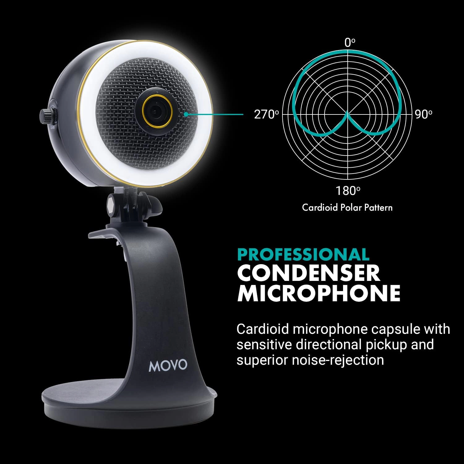 Movo WebMic HD Pro - All-in-One Streaming Webcam Microphone and LED Ring Light