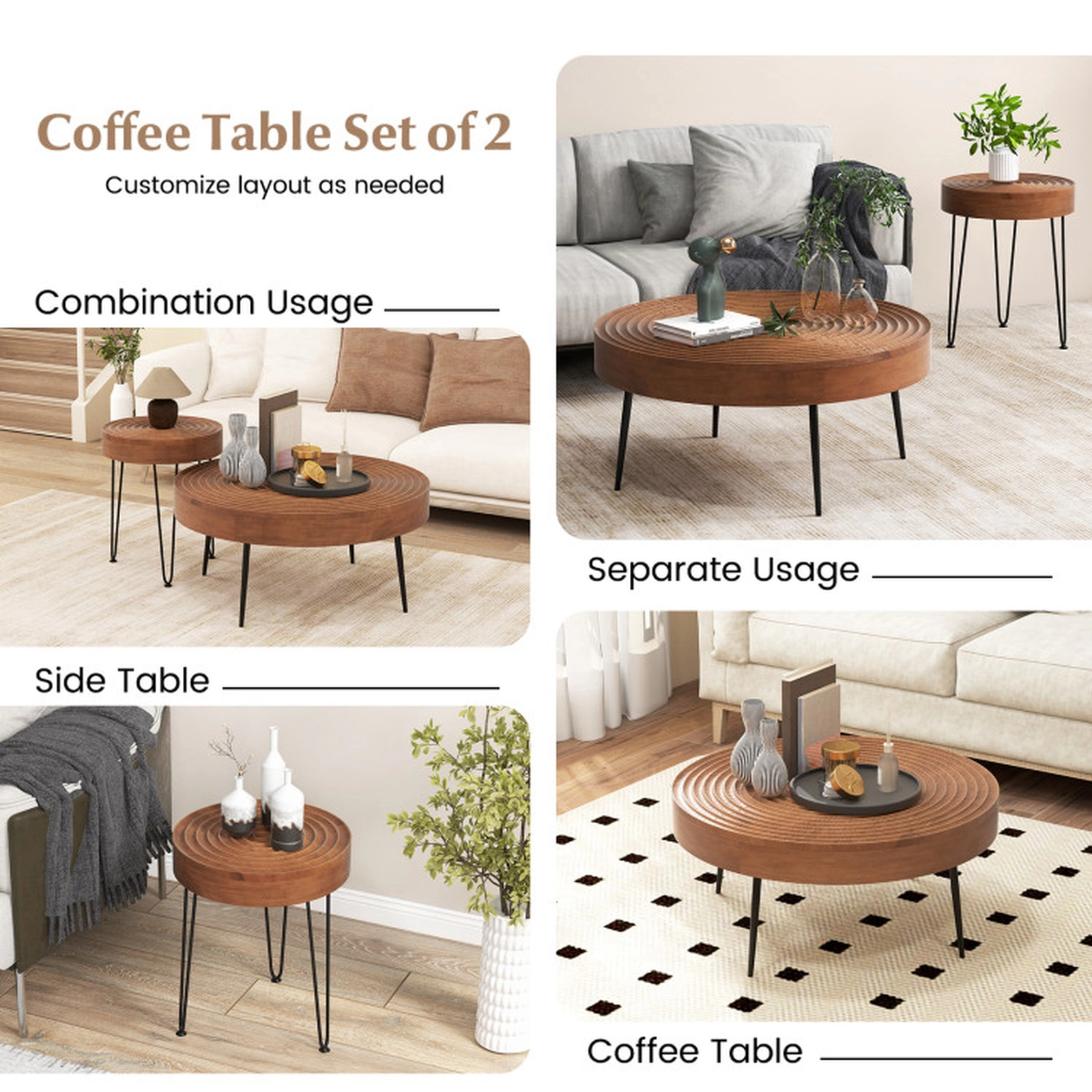 SUGIFT Set of 2 Solid Pine Wood Ring Pattern Farmhouse Round Coffee Tables 180-lb and 135-lb Capacity Natural
