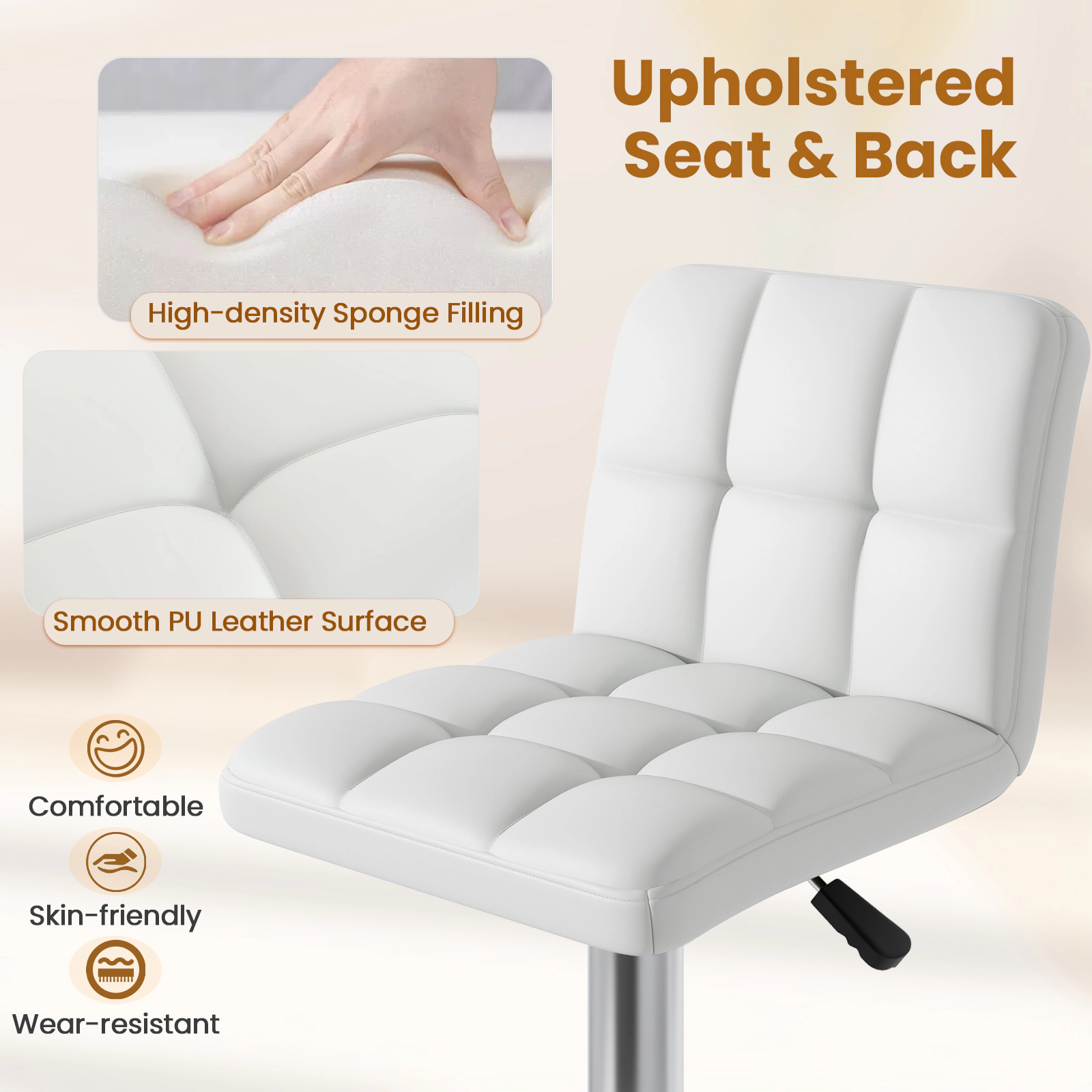 SUGIFT Modern Upholstered Adjustable Swivel Bar Stools Set of 2 Back & Footrest 250-lb Capacity 21-in Wide Seat White