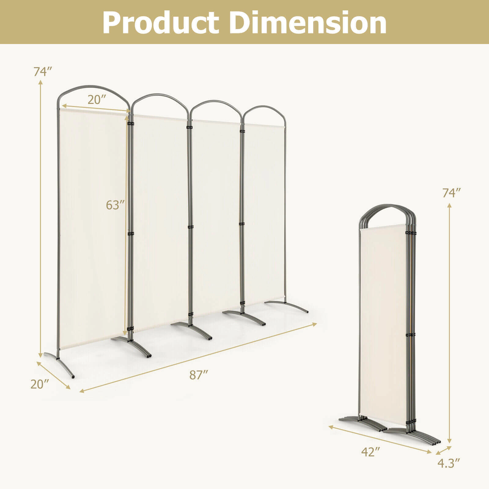 SUGIFT 6.2-ft Folding 4-Panel Polyester Room Divider with Curved Metal Base 87-in Wide 18.5-lb Net Weight White