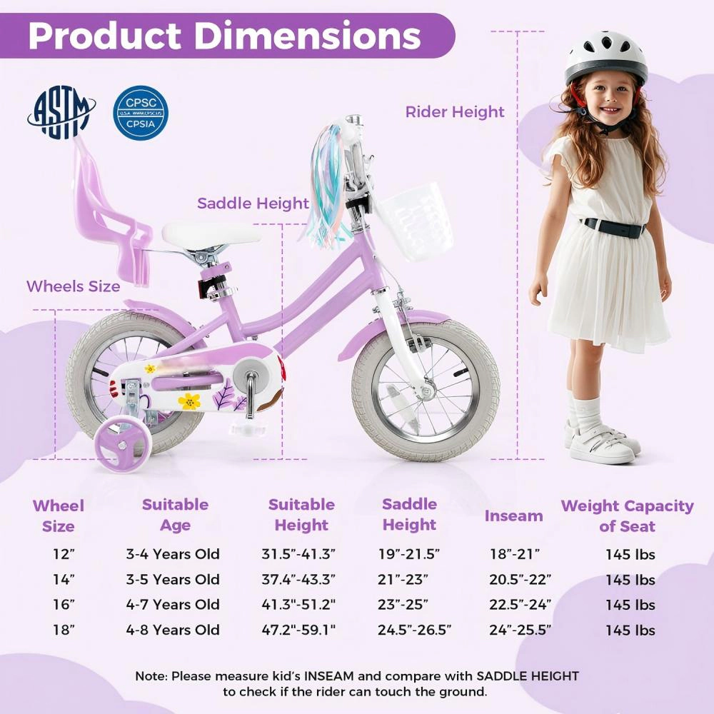 SUGIFT 12-In Girls Kids Bicycle with Dual Brakes Doll Seat Streamers & Training Wheels 145-lb Capacity Ages 3-4 Rose Red