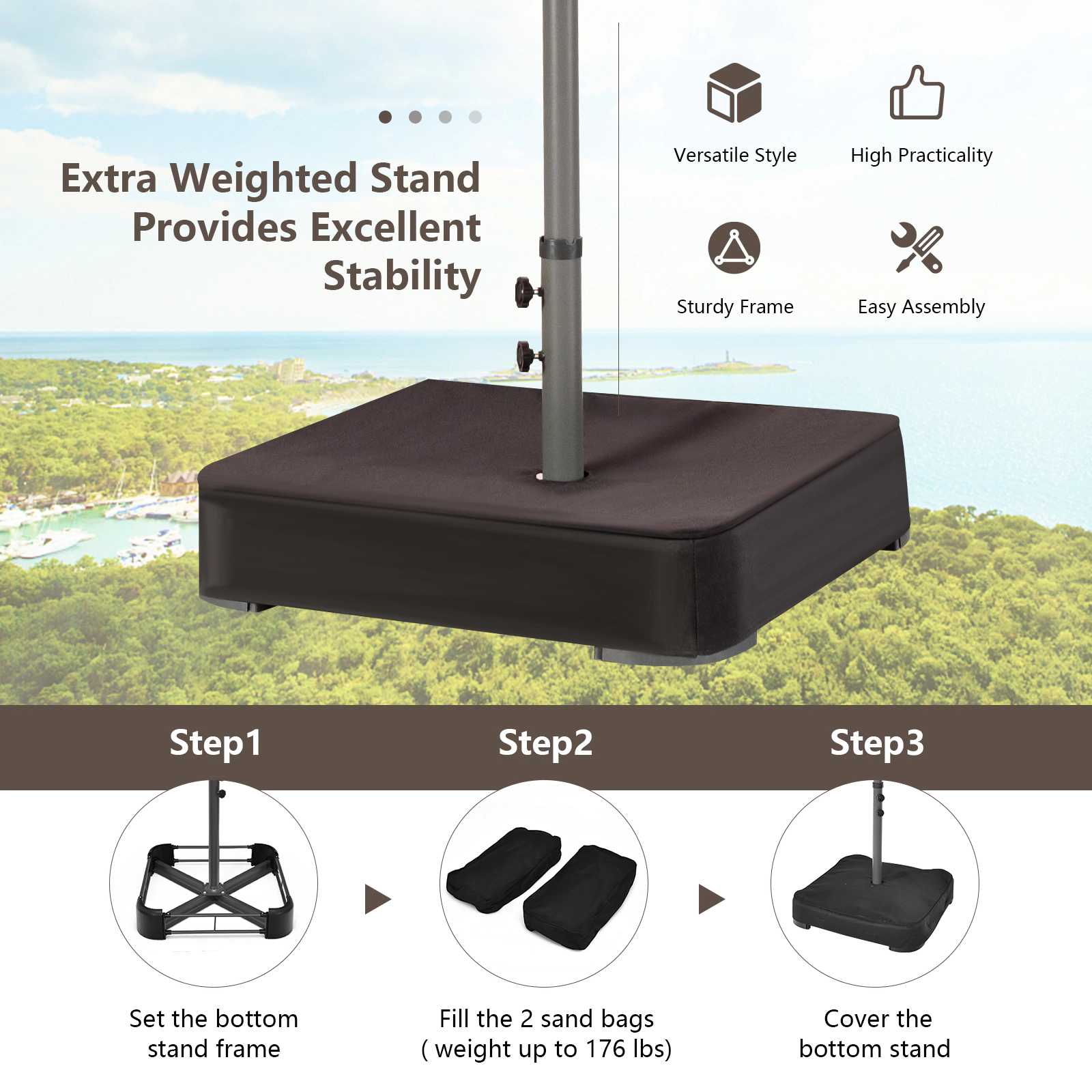 SUGIFT 15-ft Brown Rectangular Double-Sided Patio Umbrella with Solar LED Lights and Cross Base