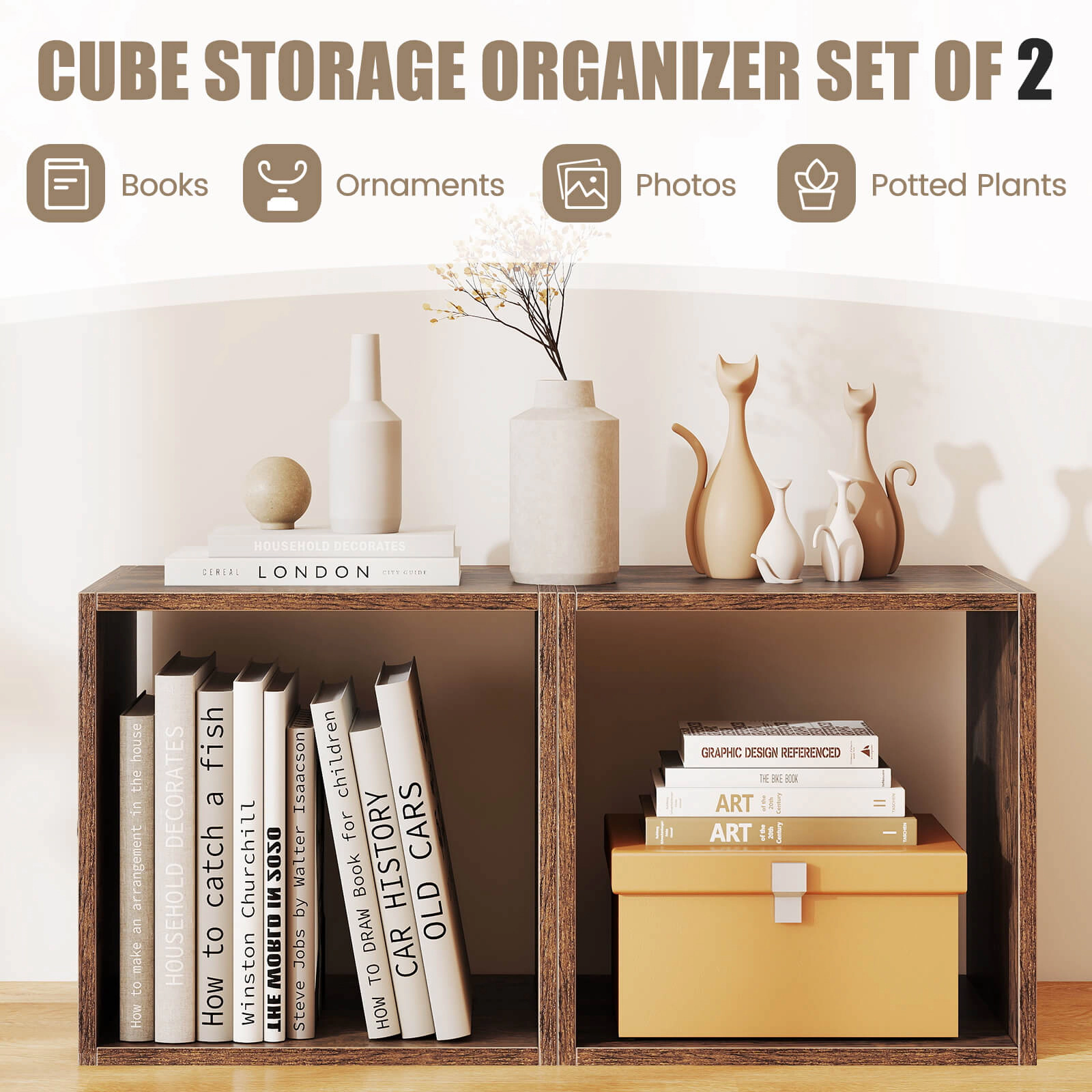 Costway 2PCS Stackable Storage Cube Free-standing Organizer Bookcase for Bedroom White