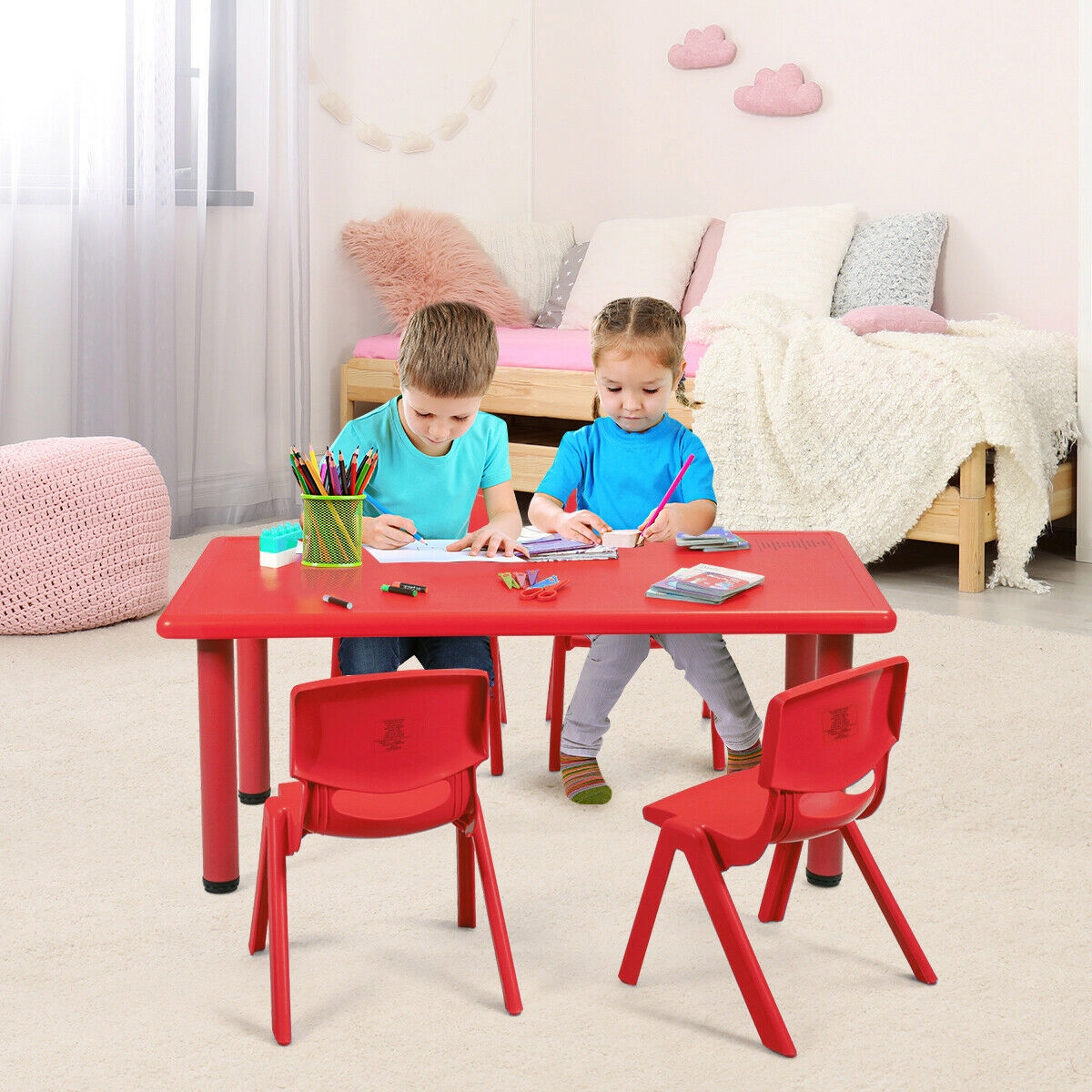 SUGIFT 47-in Kids Rectangular Learn & Play Table with HDPE Top & Steel Legs 220-lb Capacity Ages 3-8 Red & Blue 1-Piece