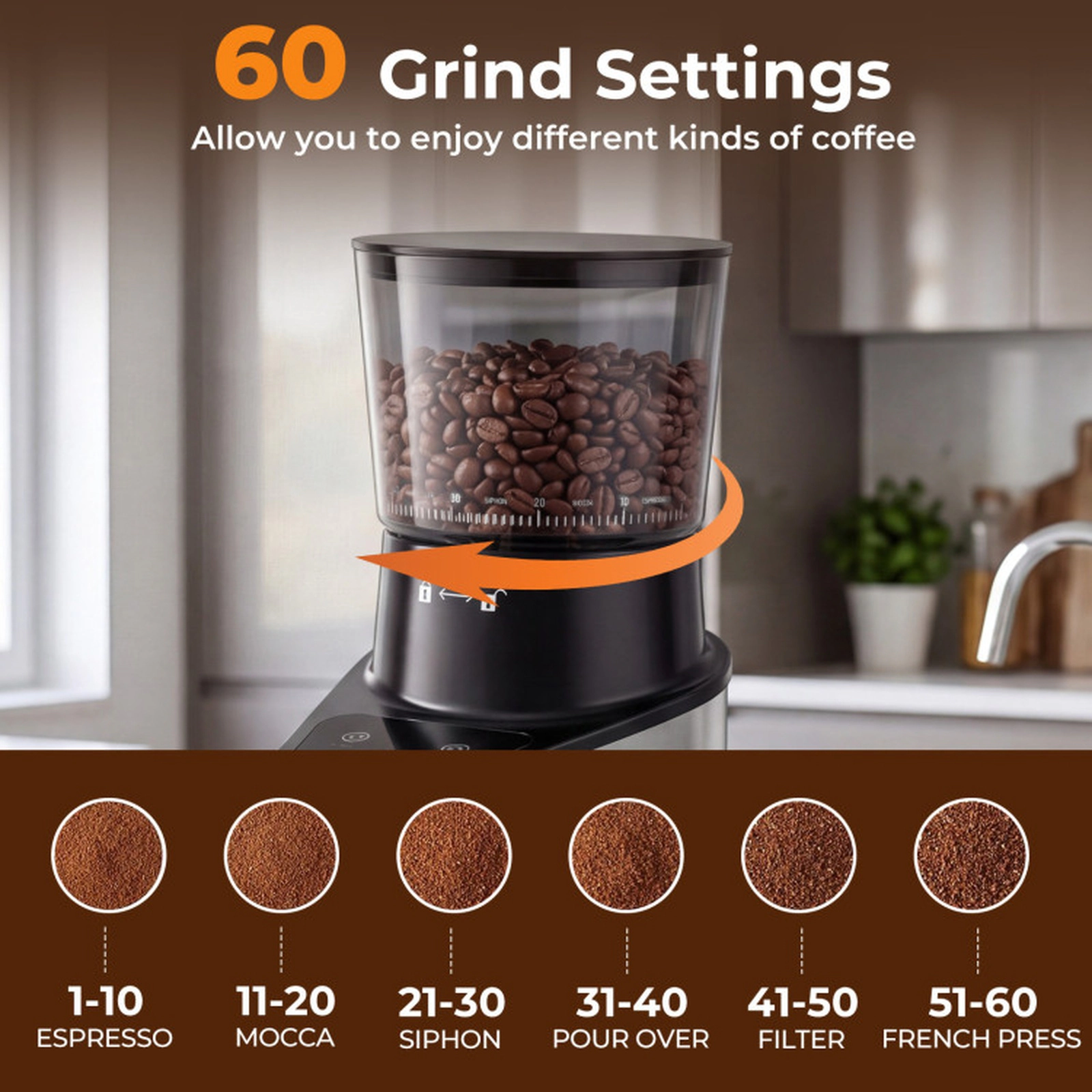 SUGIFT Conical Burr Electric Coffee Grinder 60 Grind Settings 8.8-oz Bean Hopper 1-8 Cups Digital Display Silver + Black