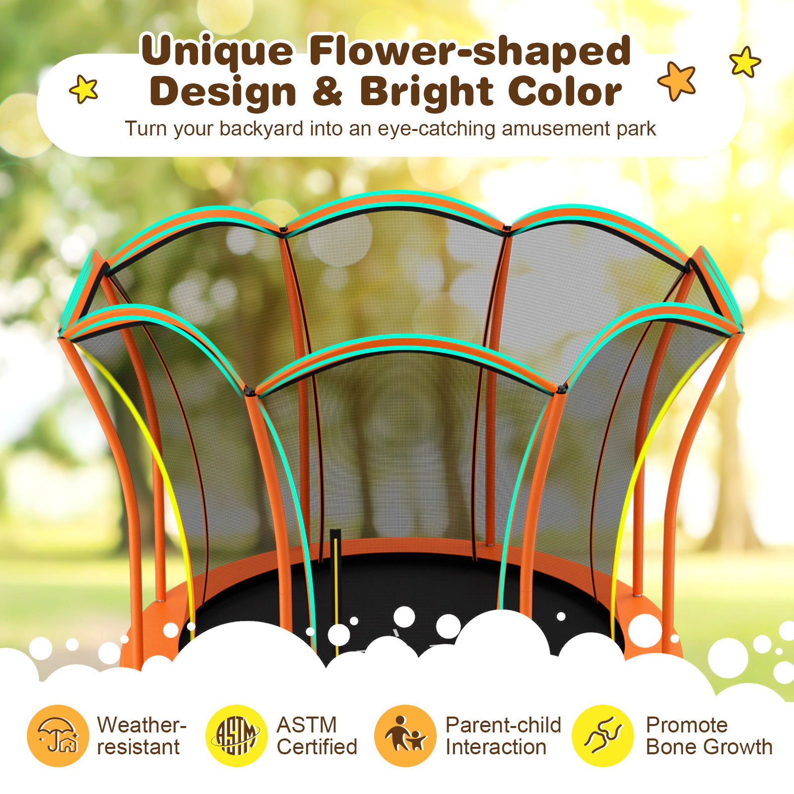 LJG 8 Feet Outdoor Unique Flower Shape Trampoline with Enclosure Net