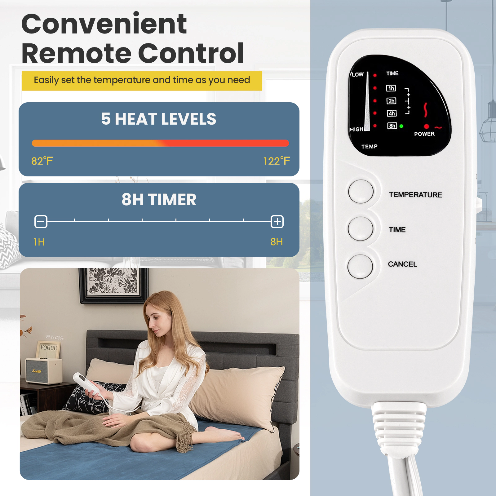 SUGIFT Twin Size Electric Heated Mattress Pad 5 Heating Levels 1-8 Hour Timer Overheat Protection 71 x 30-in Gray
