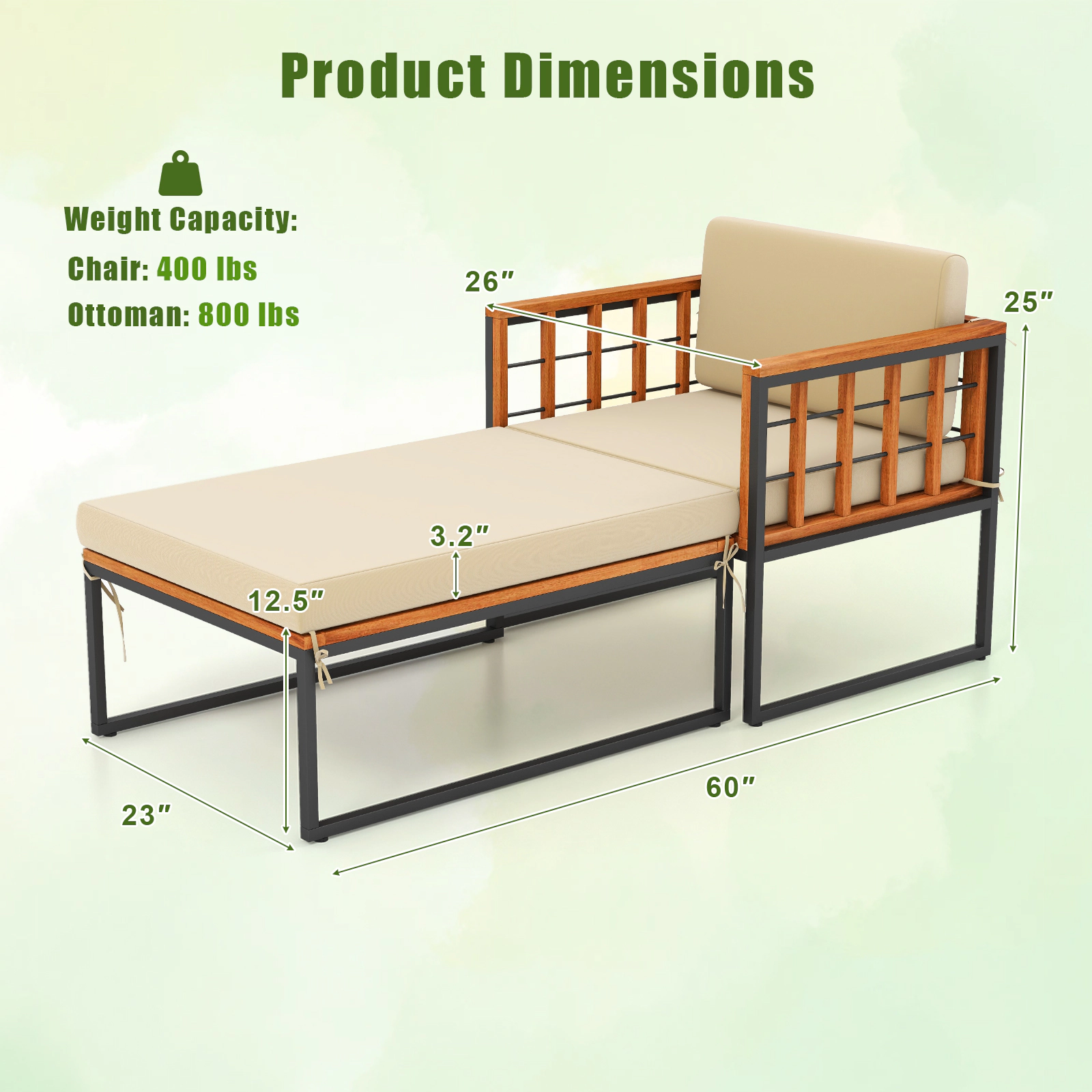 Hivvago Patio Acacia Wood Armchair With Long Ottoman And Seat Back Cushions
