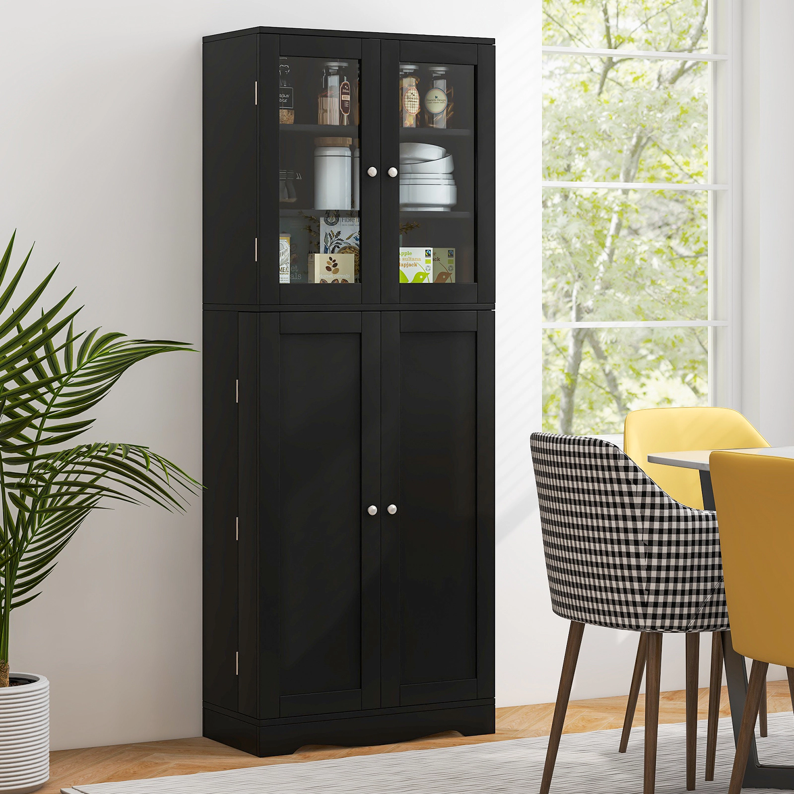 SUGIFT 63.5-in Glass Doors 4 Door Racks 3 Shelves Kitchen Pantry Cabinet 24-in x 12.5-in 50-lb per Shelf Black